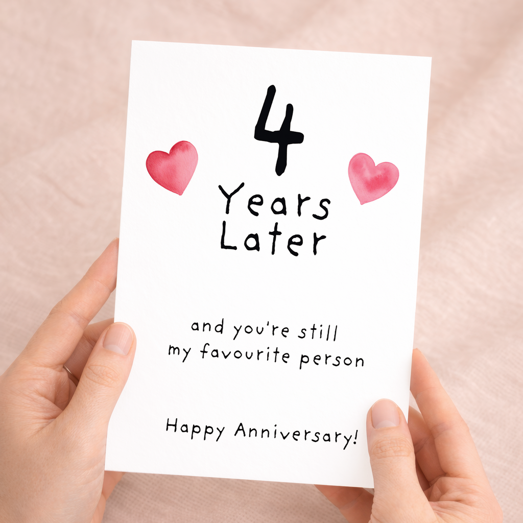 Elegant 4th wedding anniversary card with a romantic design on recycled cardstock, accompanied by a brown Kraft envelope.