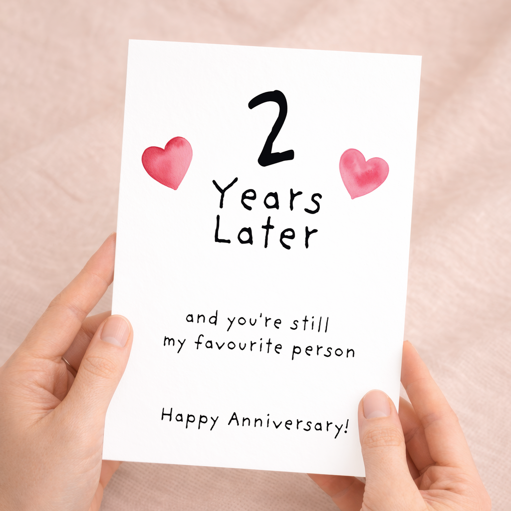 Elegant 2nd Wedding Anniversary greeting card for a spouse or partner, featuring a romantic design on eco-friendly recycled cardstock, paired with a rustic brown Kraft envelope.