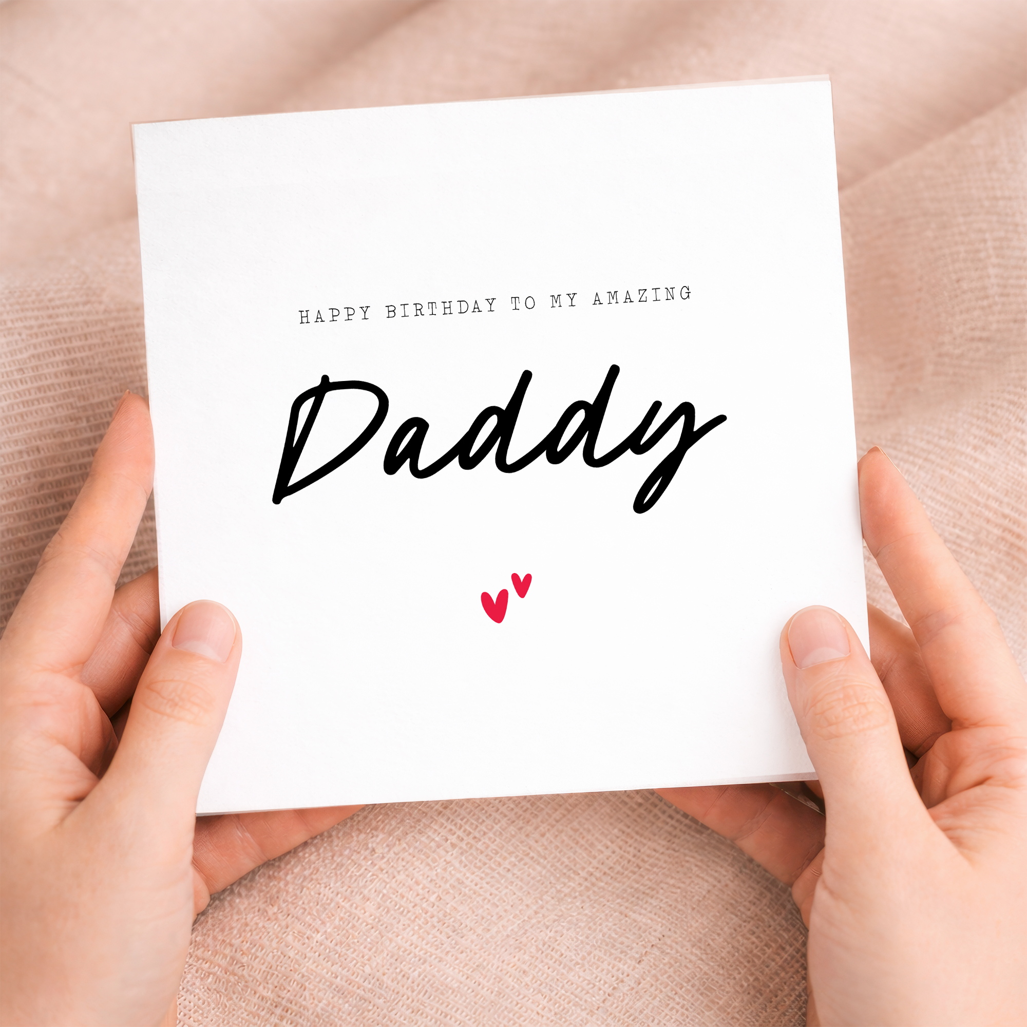 A simple and cute birthday greeting card for Daddy featuring a charming love hearts design on a white background.