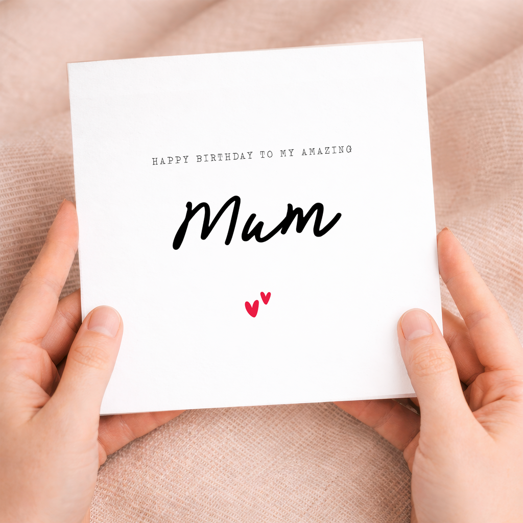 A simple and cute birthday greeting card for Mum featuring a love hearts design on a white background.