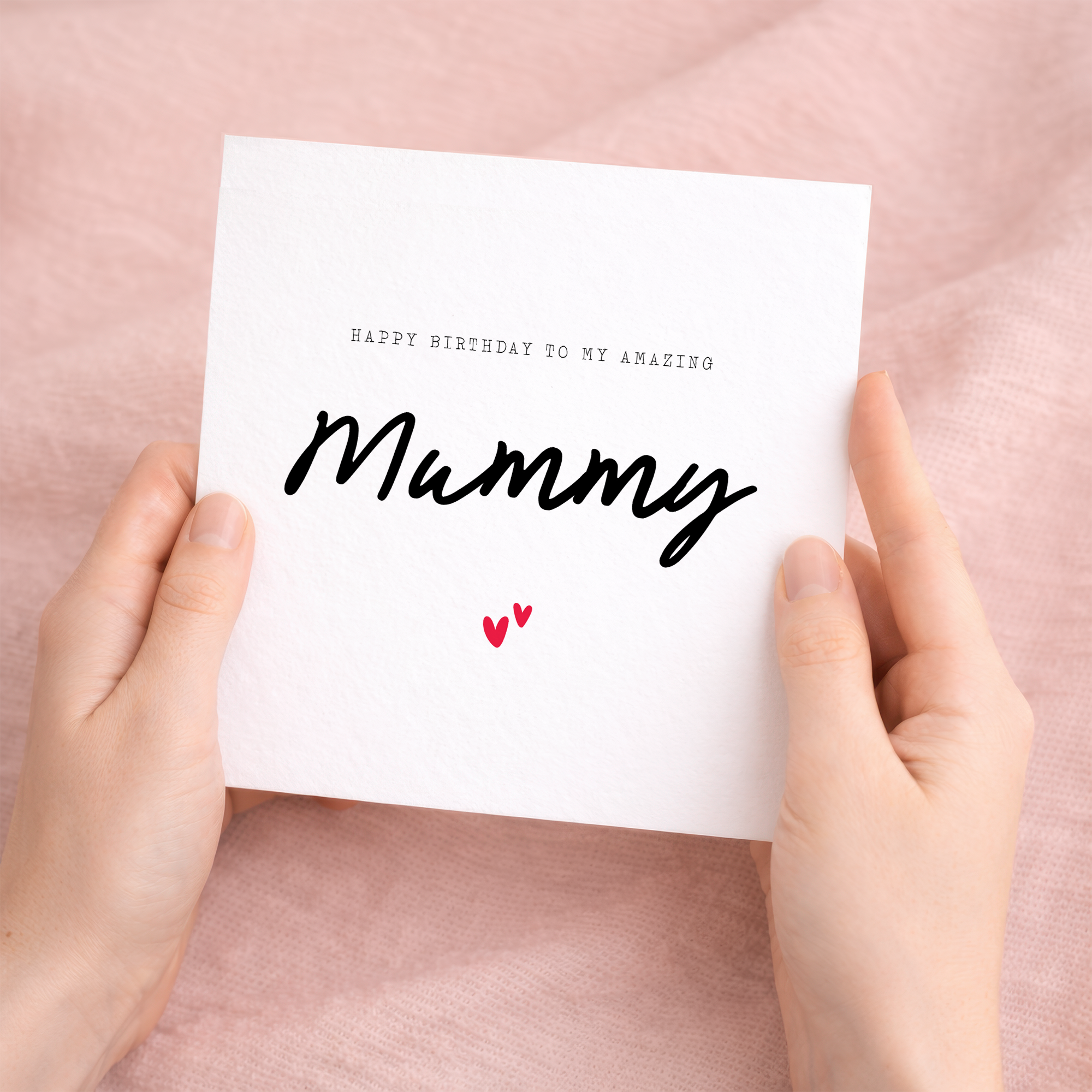 A simple and cute birthday greeting card for Mummy featuring a charming love hearts design on a white background.
