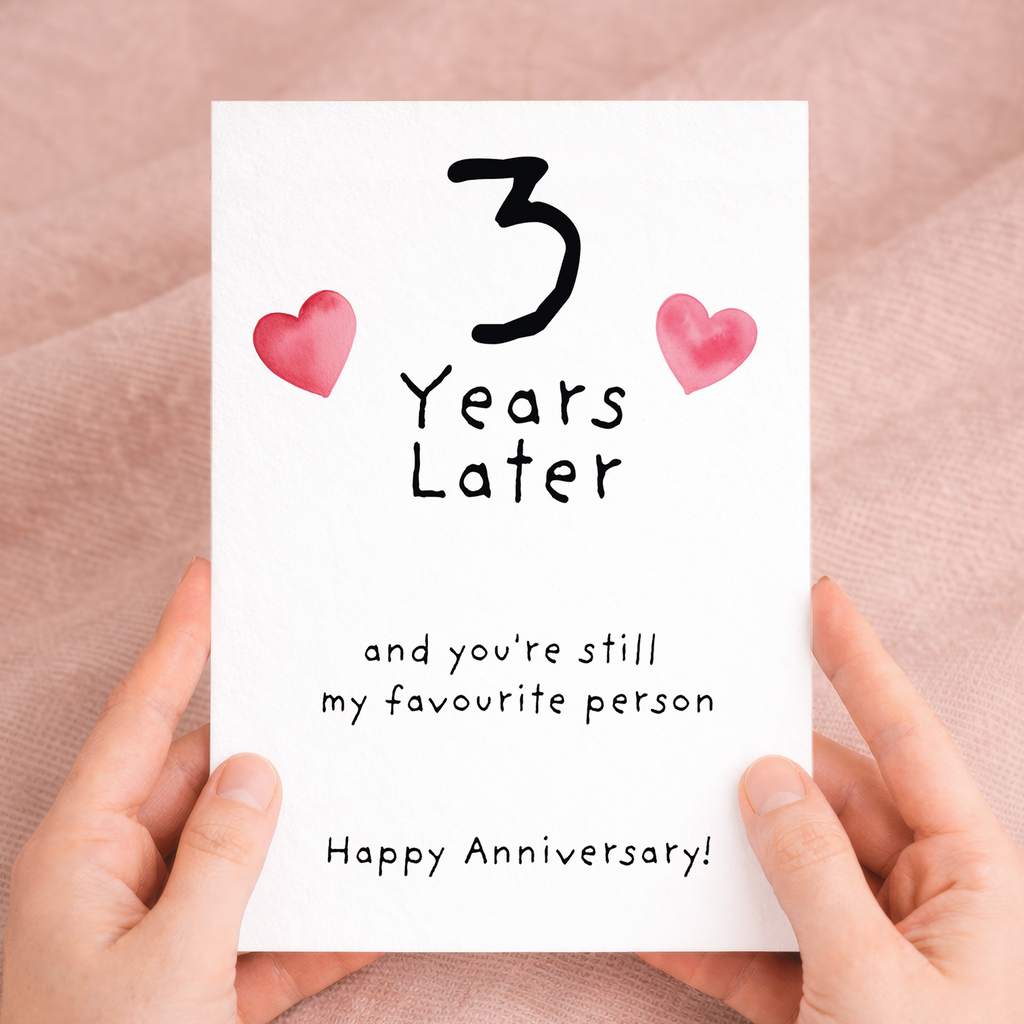 3rd wedding anniversary greeting card featuring a charming design on sustainable recycled cardstock, paired with a brown Kraft envelope.