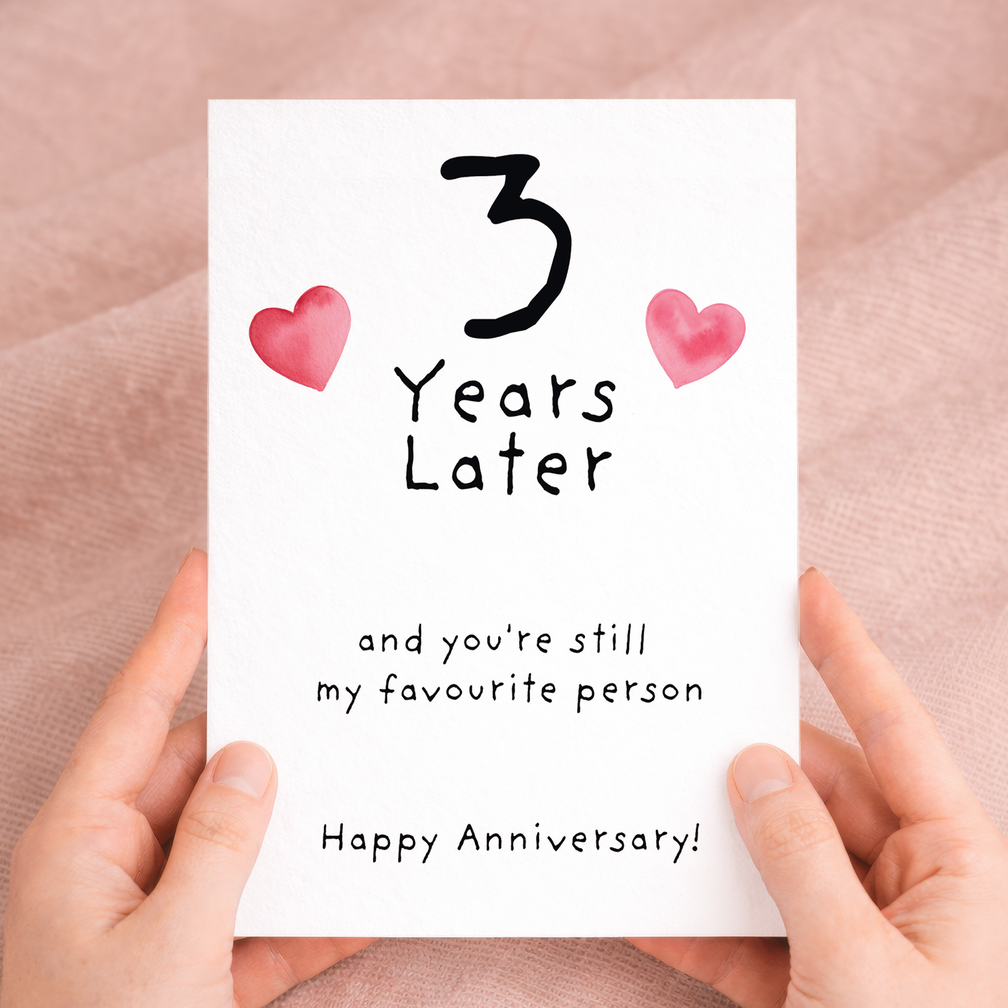3rd wedding anniversary greeting card featuring a charming design on sustainable recycled cardstock, paired with a brown Kraft envelope.