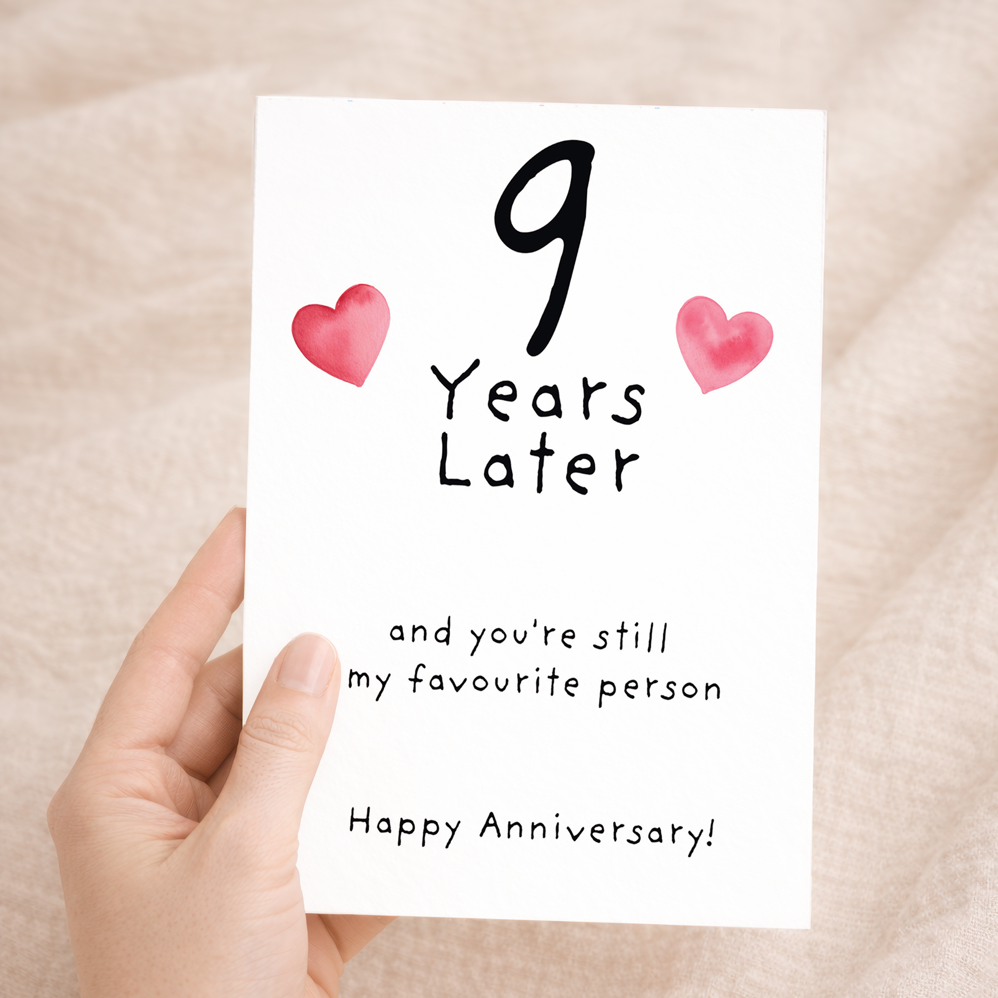Charming 9th wedding anniversary greeting card featuring an elegant design on sustainable recycled cardstock, paired with a rustic brown Kraft envelope.