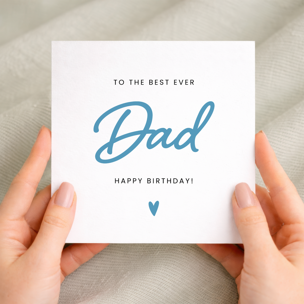 A simple birthday greeting card for Dad featuring the text Best Dad Ever in a letters and numbers design on a white background.