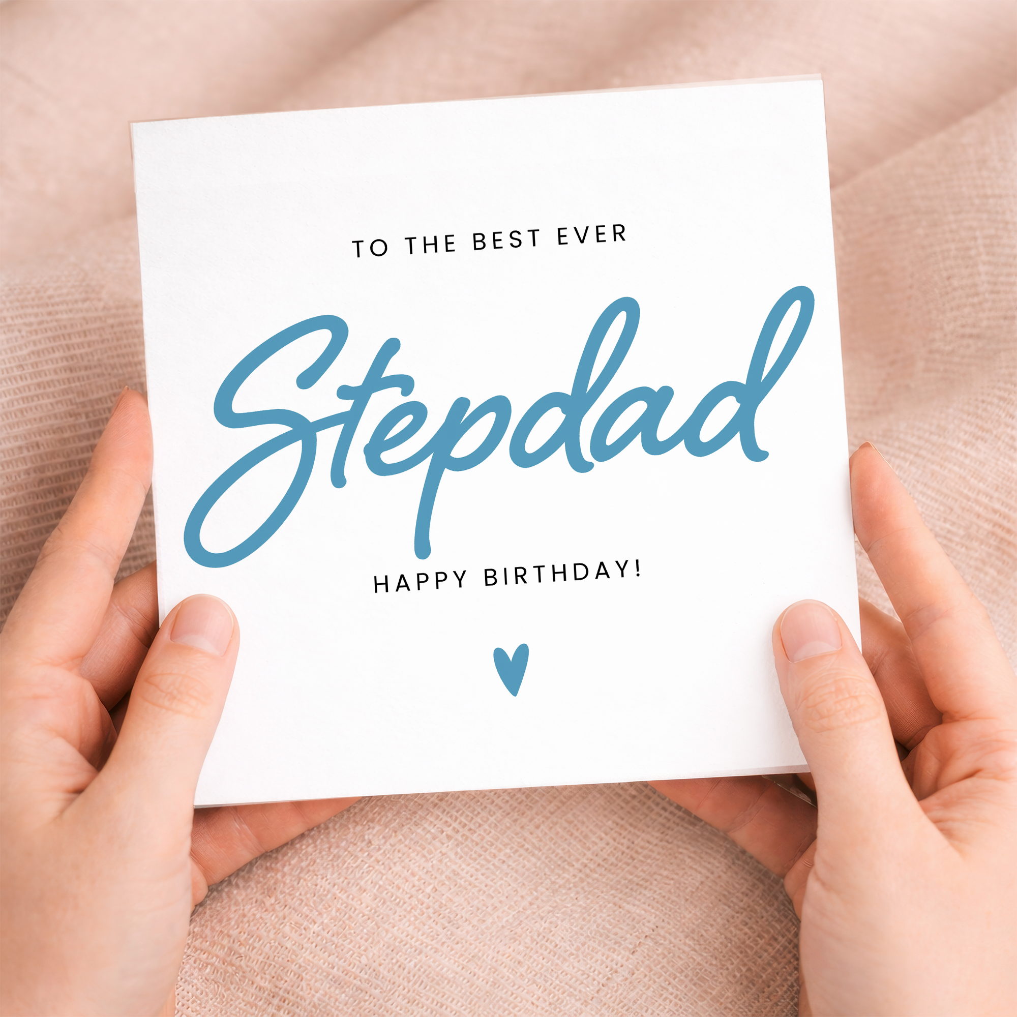 A simple and cute birthday greeting card for a stepdad featuring a letters and numbers theme on a white background.