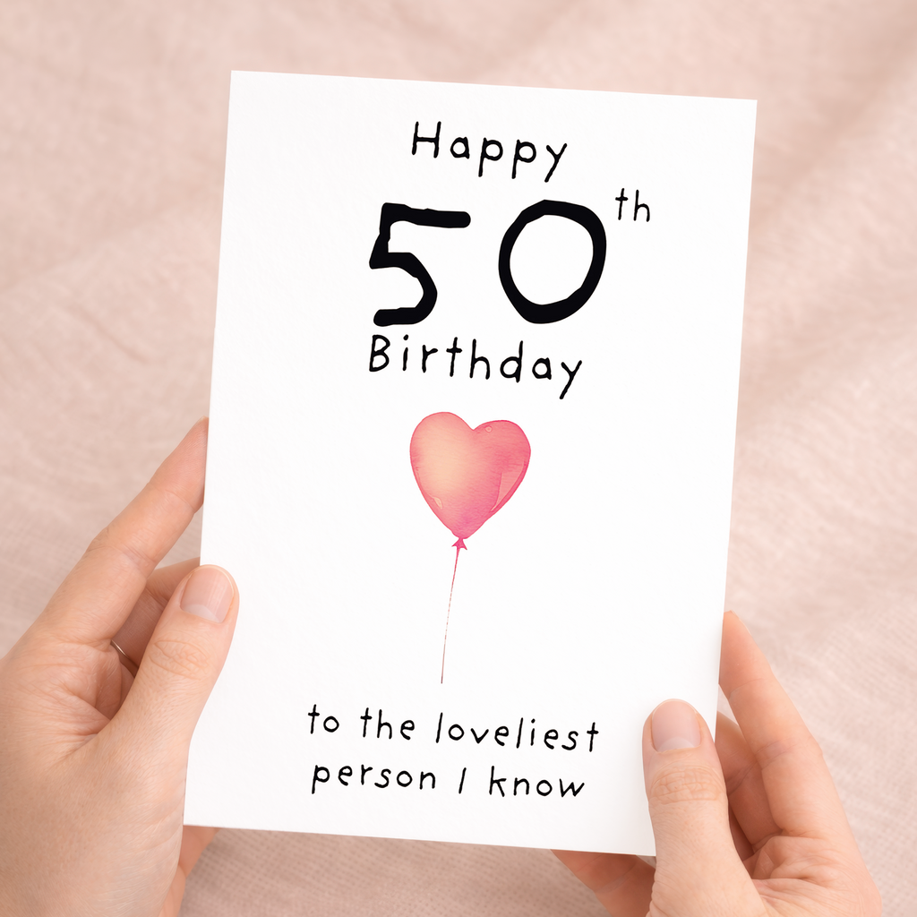 Elegant 5x7 inch 50th birthday card for her featuring a minimalist design on sustainable recycled cardstock, paired with a brown Kraft envelope.