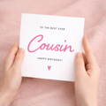 A simple and cute birthday greeting card for a cousin featuring a "Best Cousin Ever" typographic design on a clean background.