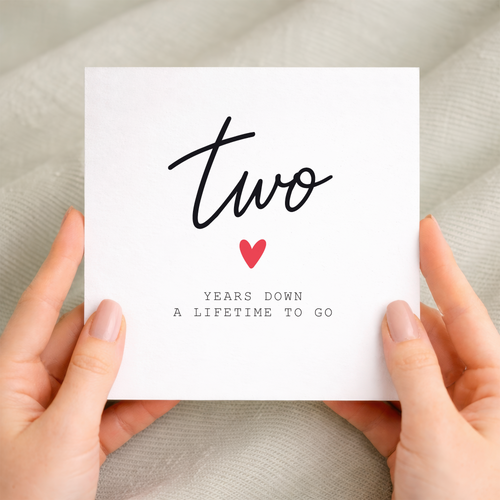 2nd anniversary card for couple with handwritten two years down design