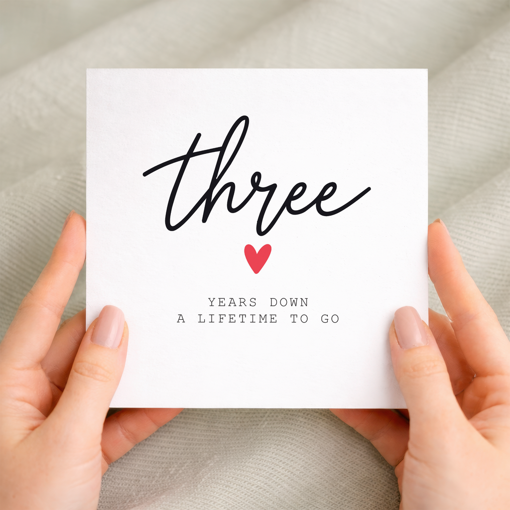 3rd anniversary card for couple with handwritten three years down design