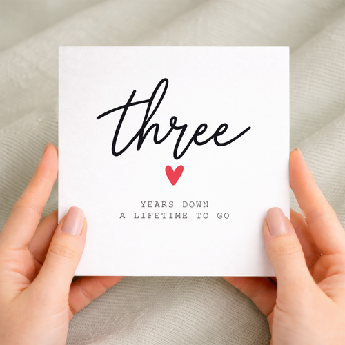 3rd anniversary card for couple with handwritten three years down design