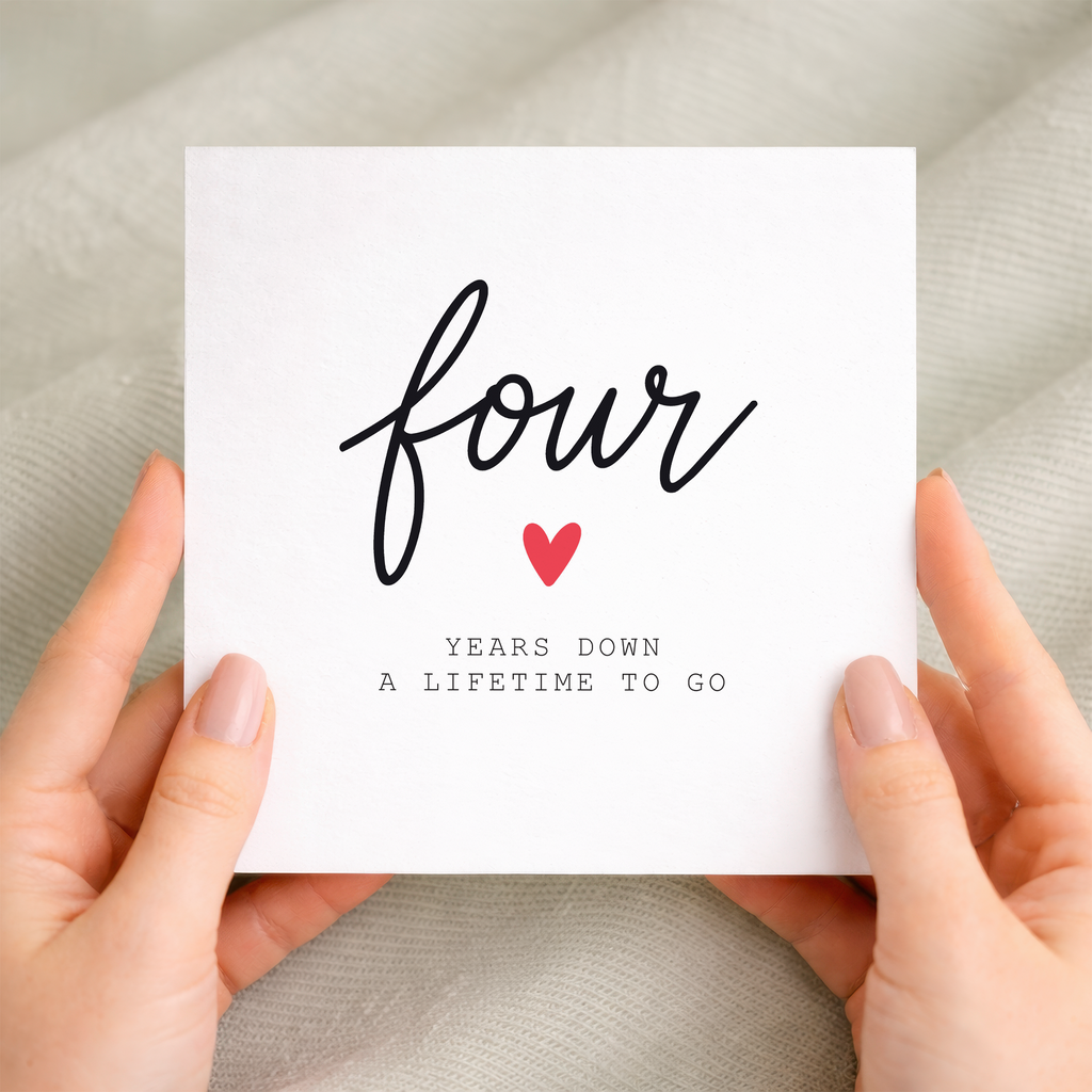 4th anniversary card for couple with handwritten four years down design