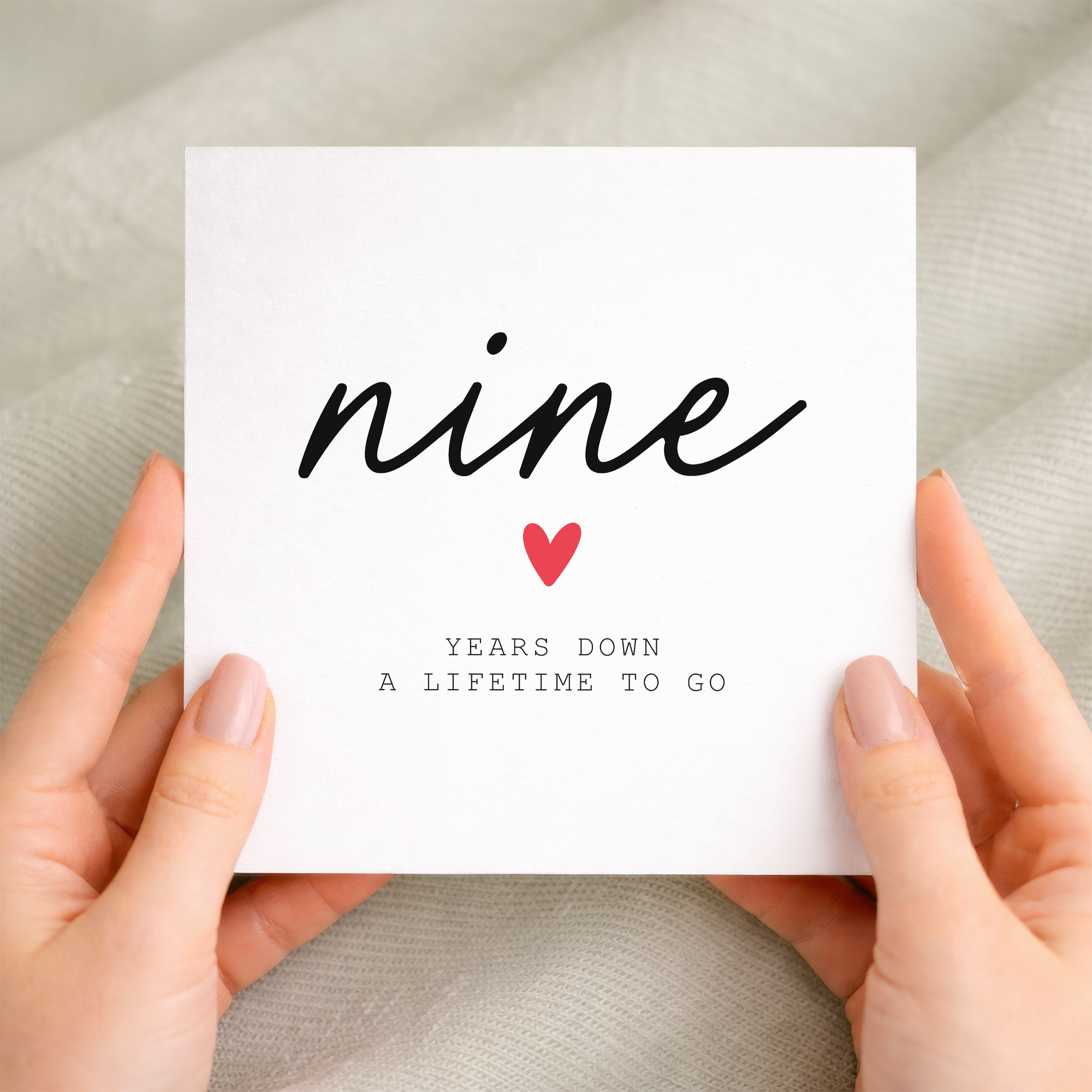 9th anniversary card for couple with handwritten nine years down design