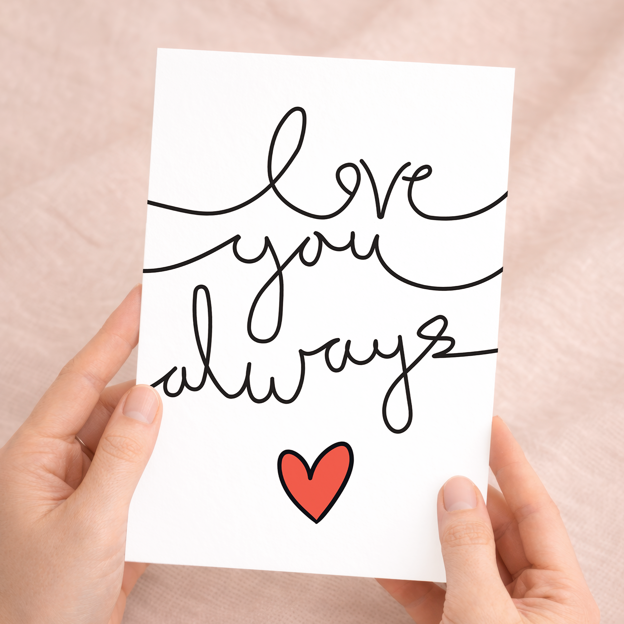 Elegant modern Anniversary or Valentine's Day greeting card featuring the message Love You Always in black, red, and white, paired with a rustic brown Kraft envelope.