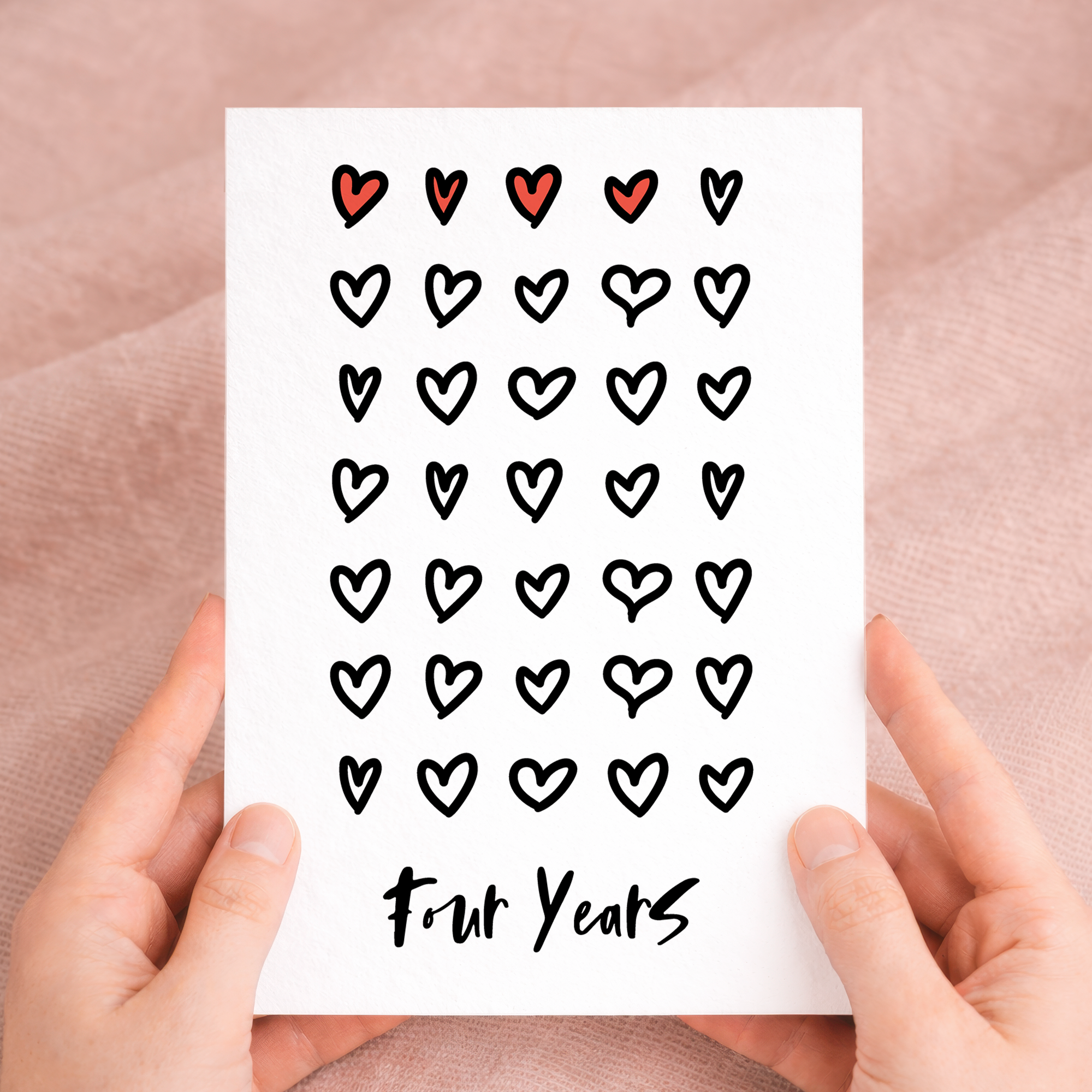 Charming 4th wedding anniversary greeting card for a wife, husband, or partner, printed on sustainable recycled cardstock and paired with a brown Kraft envelope.