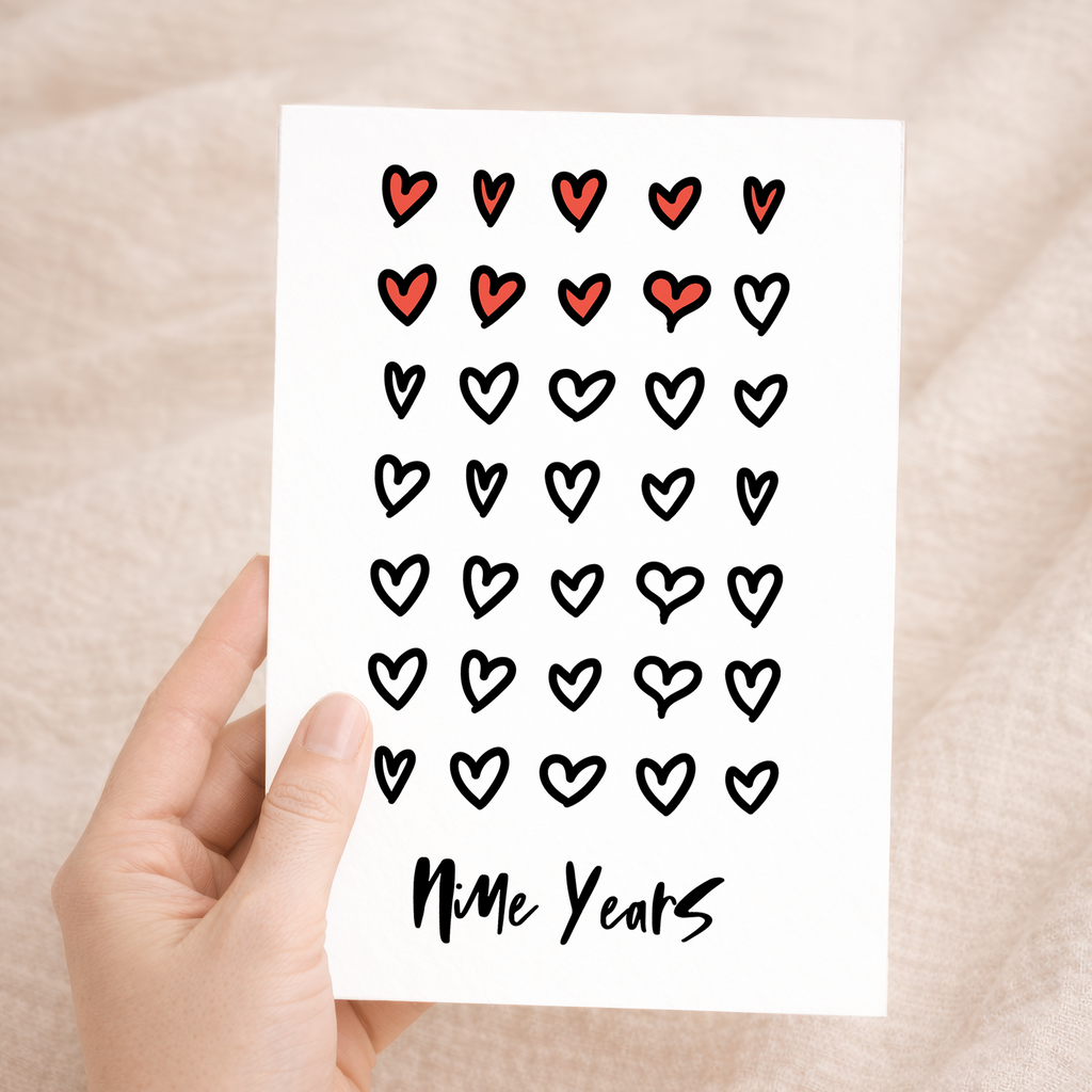 Elegant 9th Wedding Anniversary greeting card with romantic text on eco-friendly recycled cardstock, accompanied by a brown Kraft envelope.