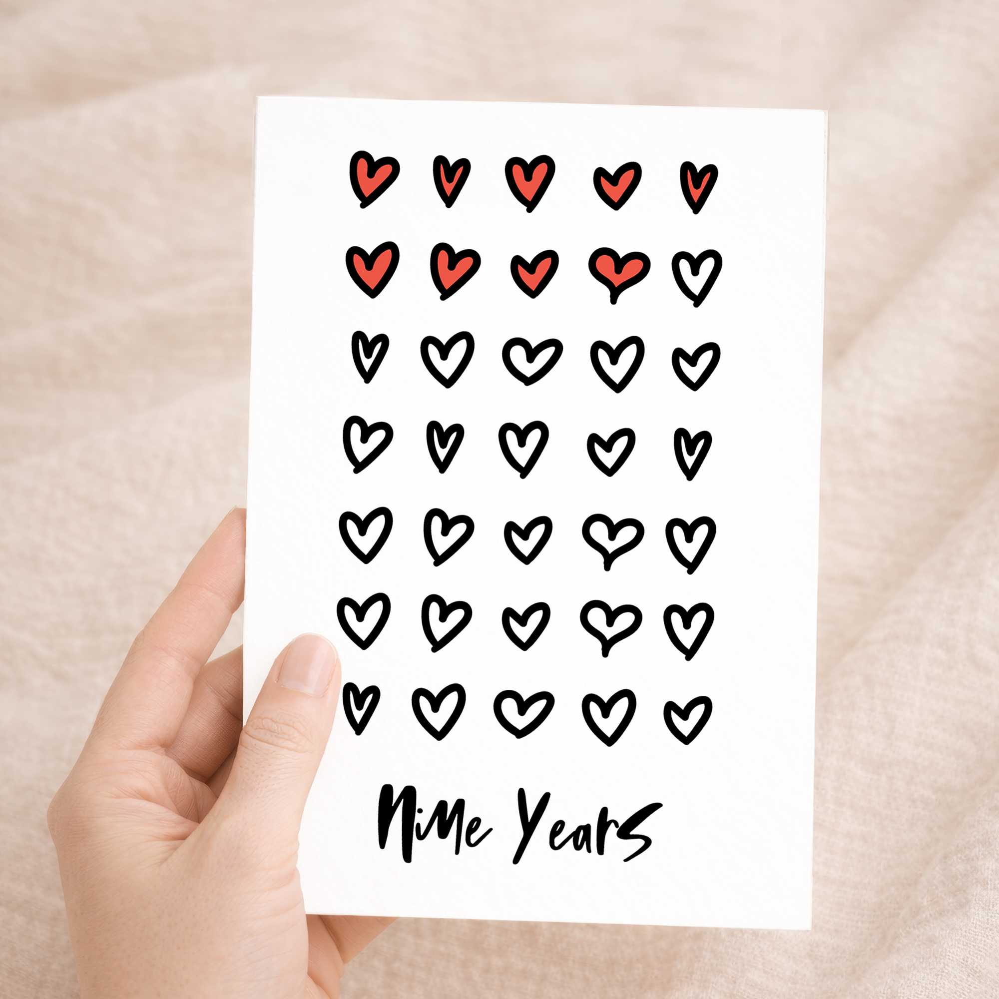 Elegant 9th Wedding Anniversary greeting card with romantic text on eco-friendly recycled cardstock, accompanied by a brown Kraft envelope.