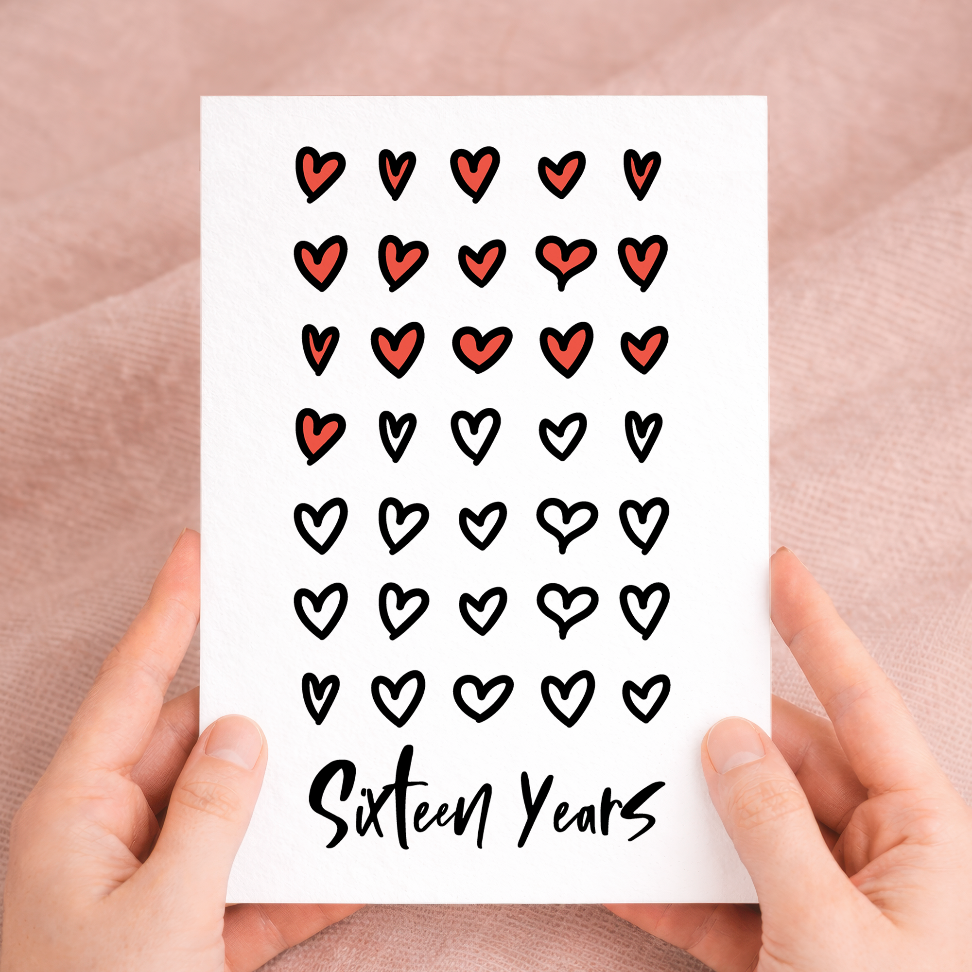 Elegant 16th wedding anniversary greeting card featuring a sophisticated design on eco-friendly recycled cardstock, accompanied by a rustic brown Kraft envelope.