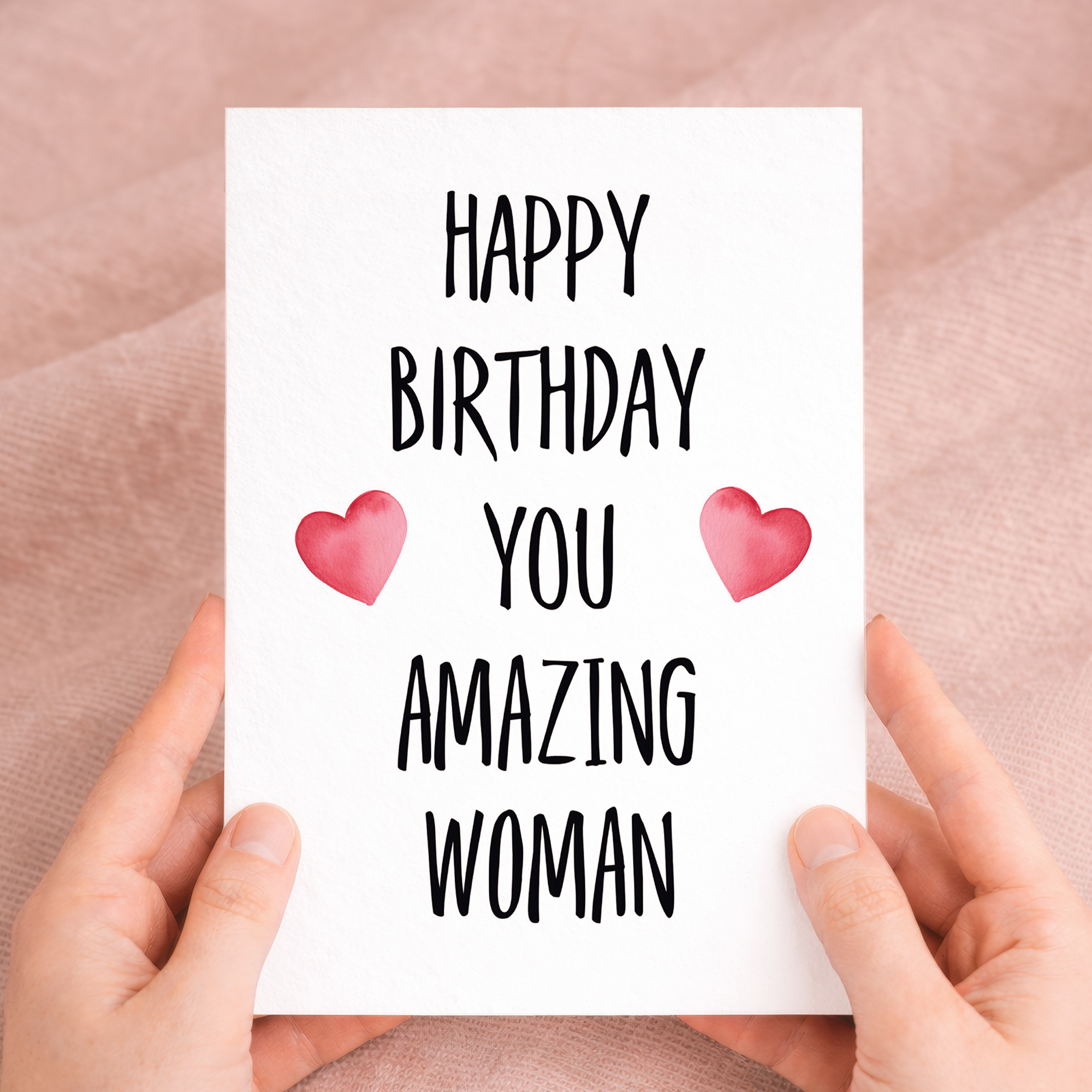 Charming birthday greeting card featuring the text You Wonderful Woman in a decorative script on sustainable recycled cardstock, paired with a brown Kraft envelope.