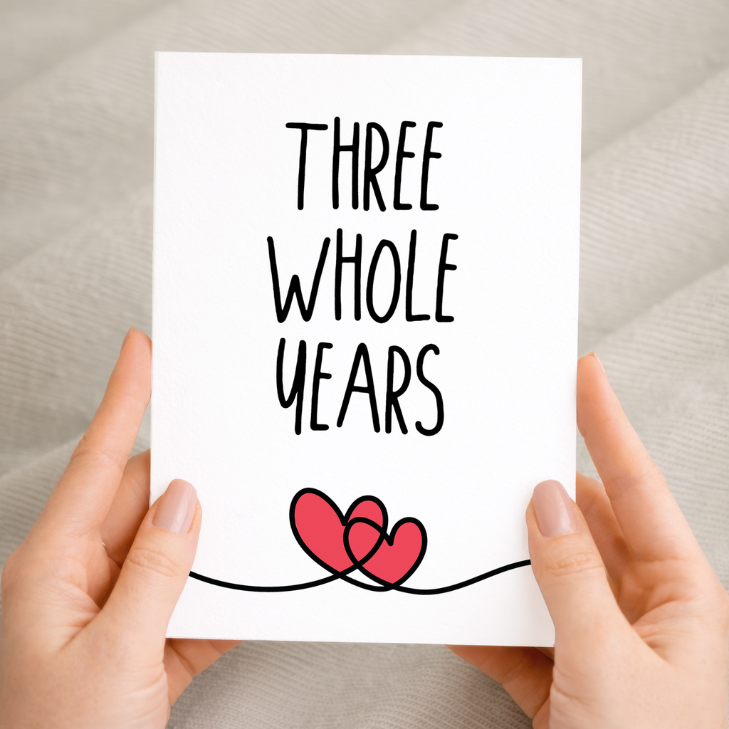 3rd anniversary greeting card featuring a simple, elegant design on recycled cardstock, paired with a rustic brown Kraft envelope.