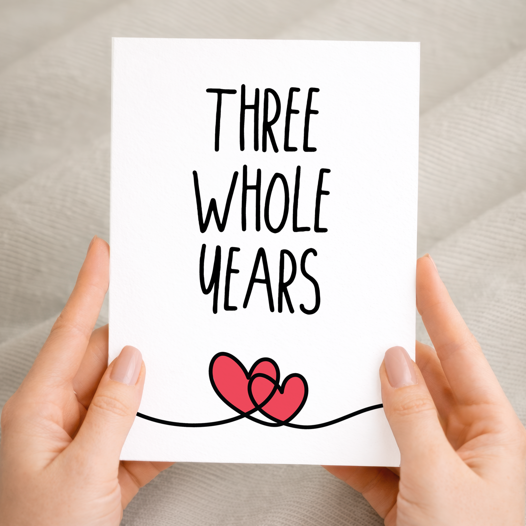 3rd anniversary greeting card featuring a simple, elegant design on recycled cardstock, paired with a rustic brown Kraft envelope.