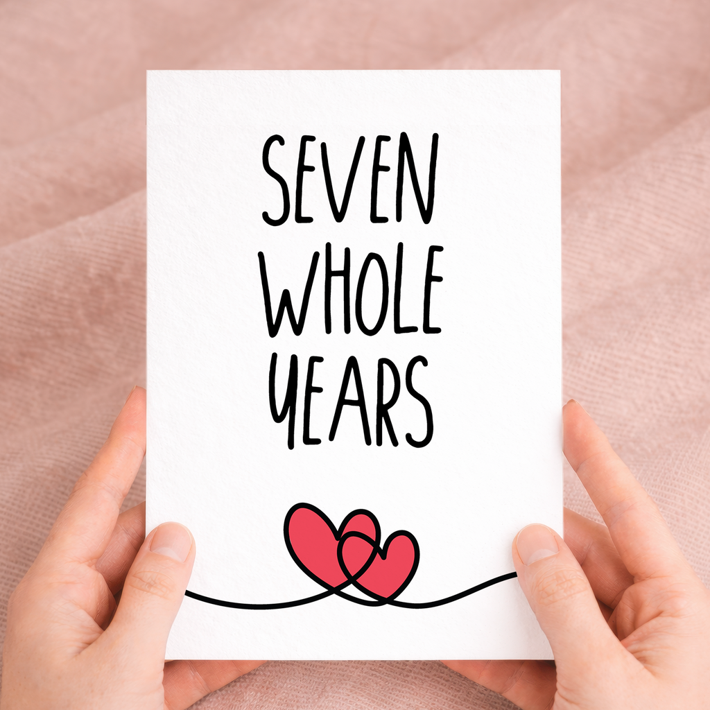Elegant 7th Anniversary greeting card for husband, wife, boyfriend, or girlfriend, crafted on sustainable recycled cardstock and paired with a brown Kraft envelope.