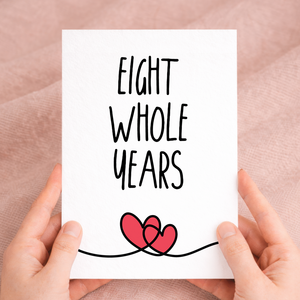 Elegant 8th anniversary greeting card made from recycled cardstock, featuring a romantic design for a husband, wife, or partner, paired with a brown Kraft envelope.