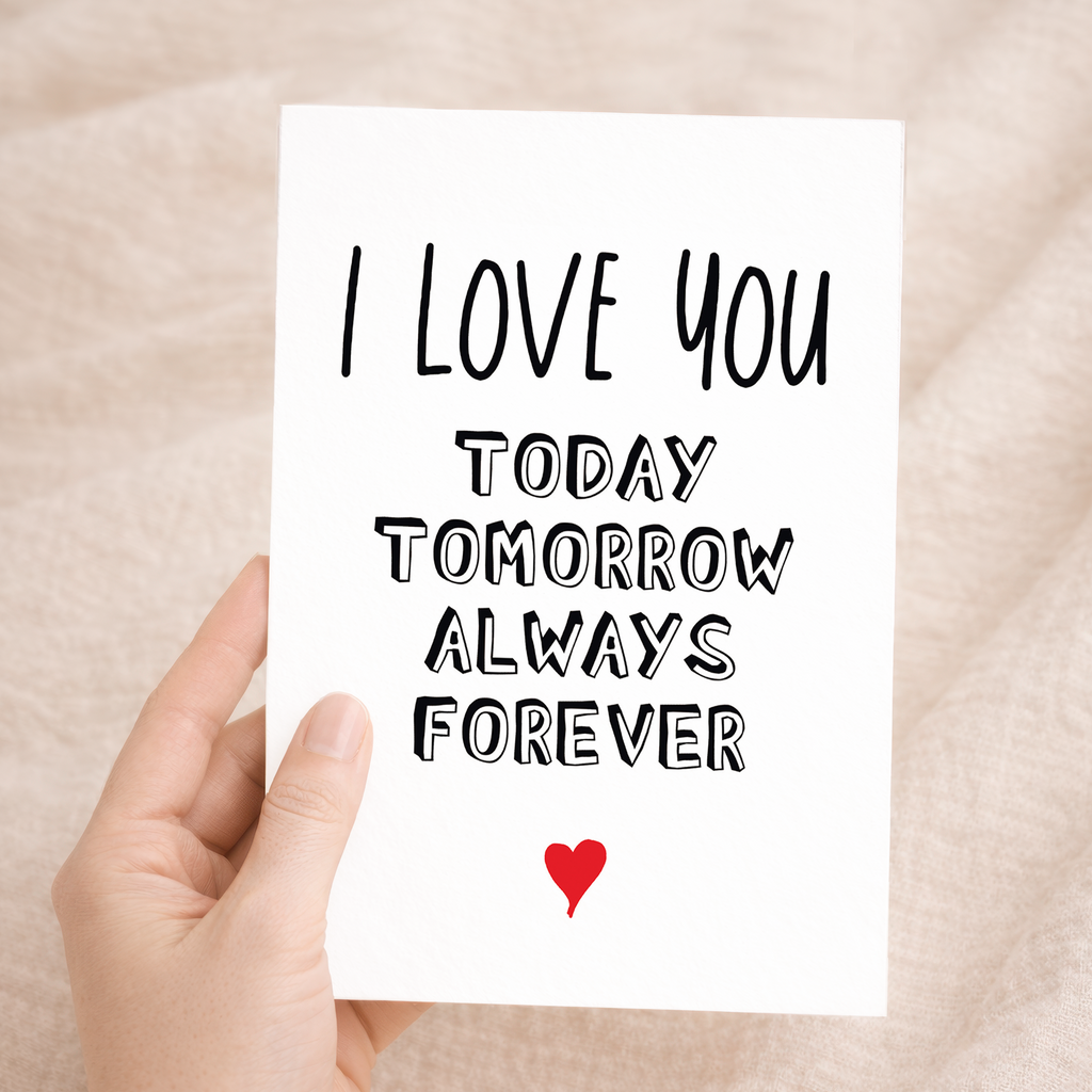 Elegant anniversary greeting card featuring a modern minimalist design with black, red, and white accents on sustainable recycled cardstock, paired with a brown Kraft envelope.
