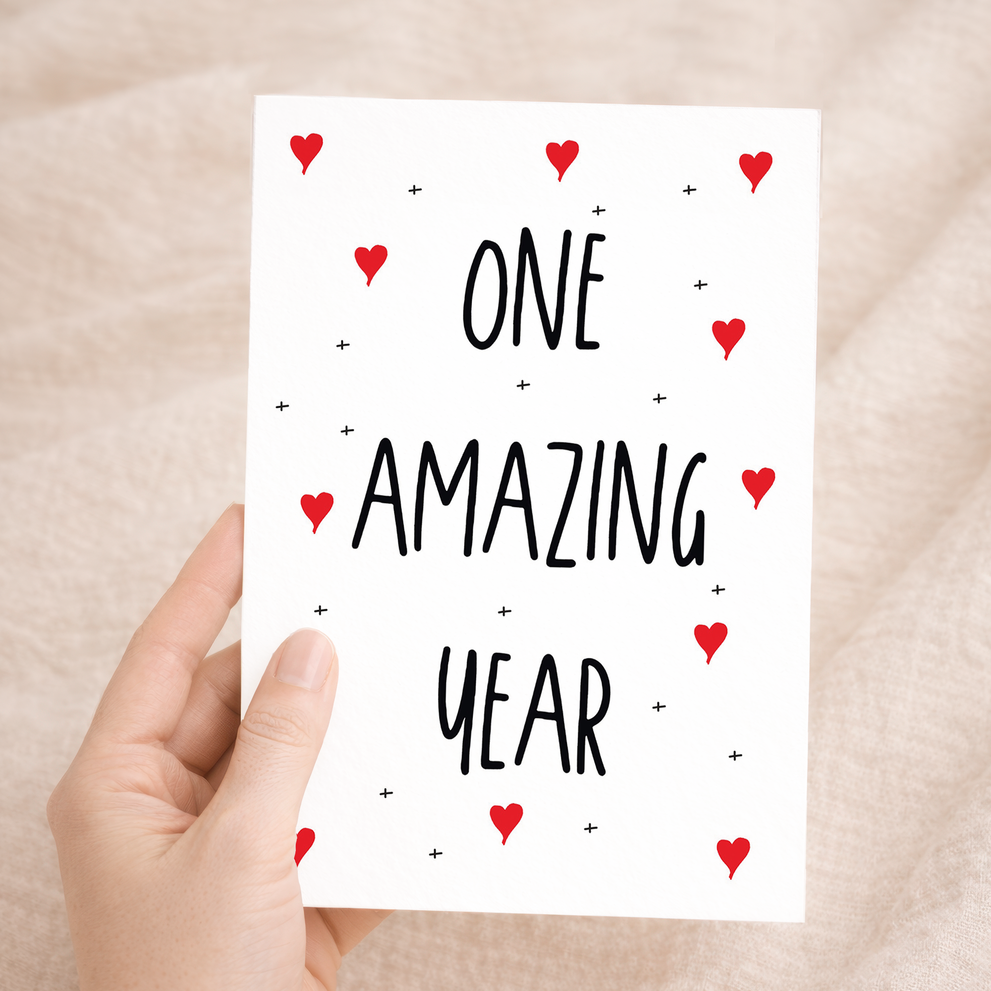 Romantic 1st anniversary greeting card for a wife, husband, or partner, printed on sustainable recycled cardstock and accompanied by a brown Kraft envelope.