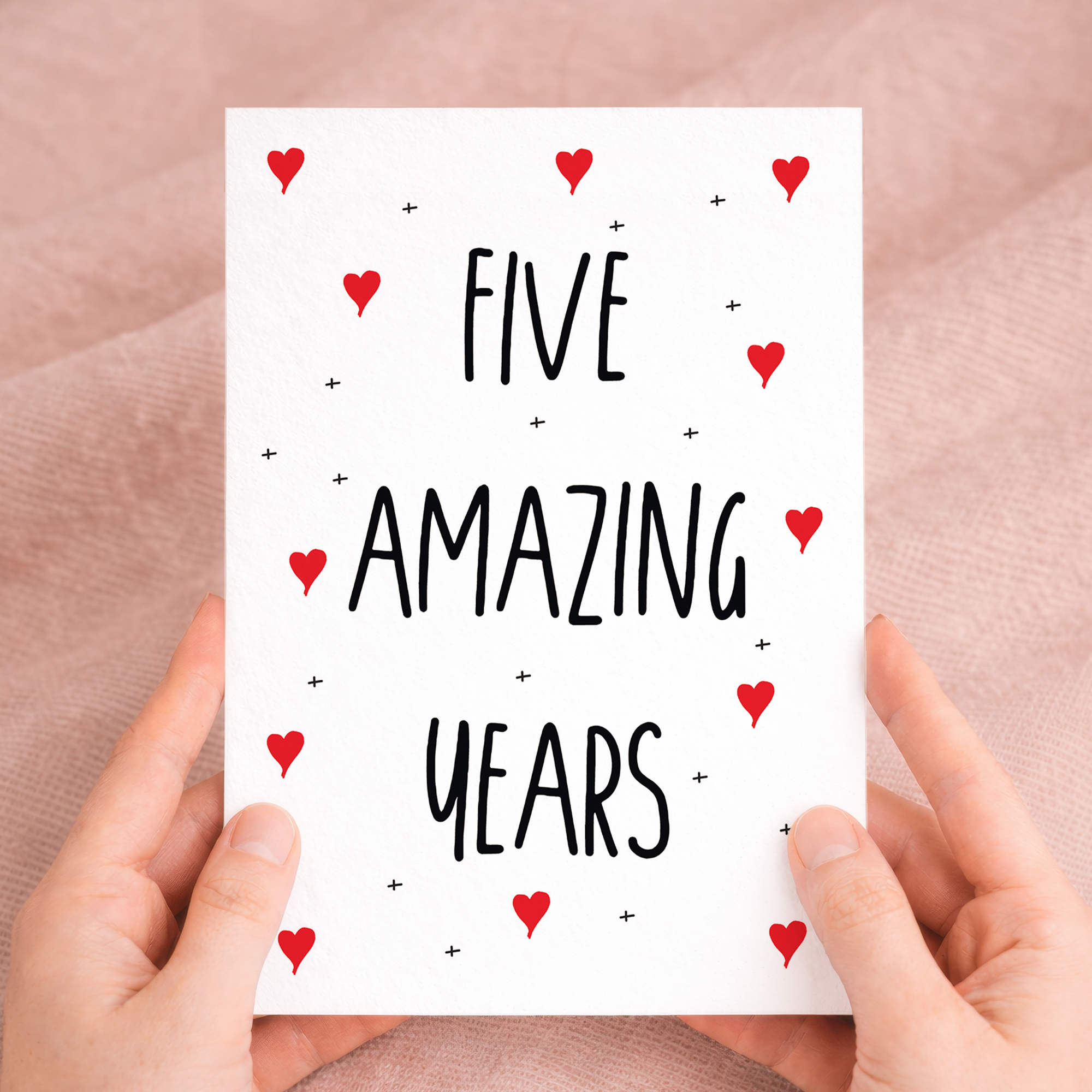 Elegant 5th wedding anniversary greeting card for a spouse or partner, crafted on eco-friendly recycled cardstock and accompanied by a brown kraft envelope.