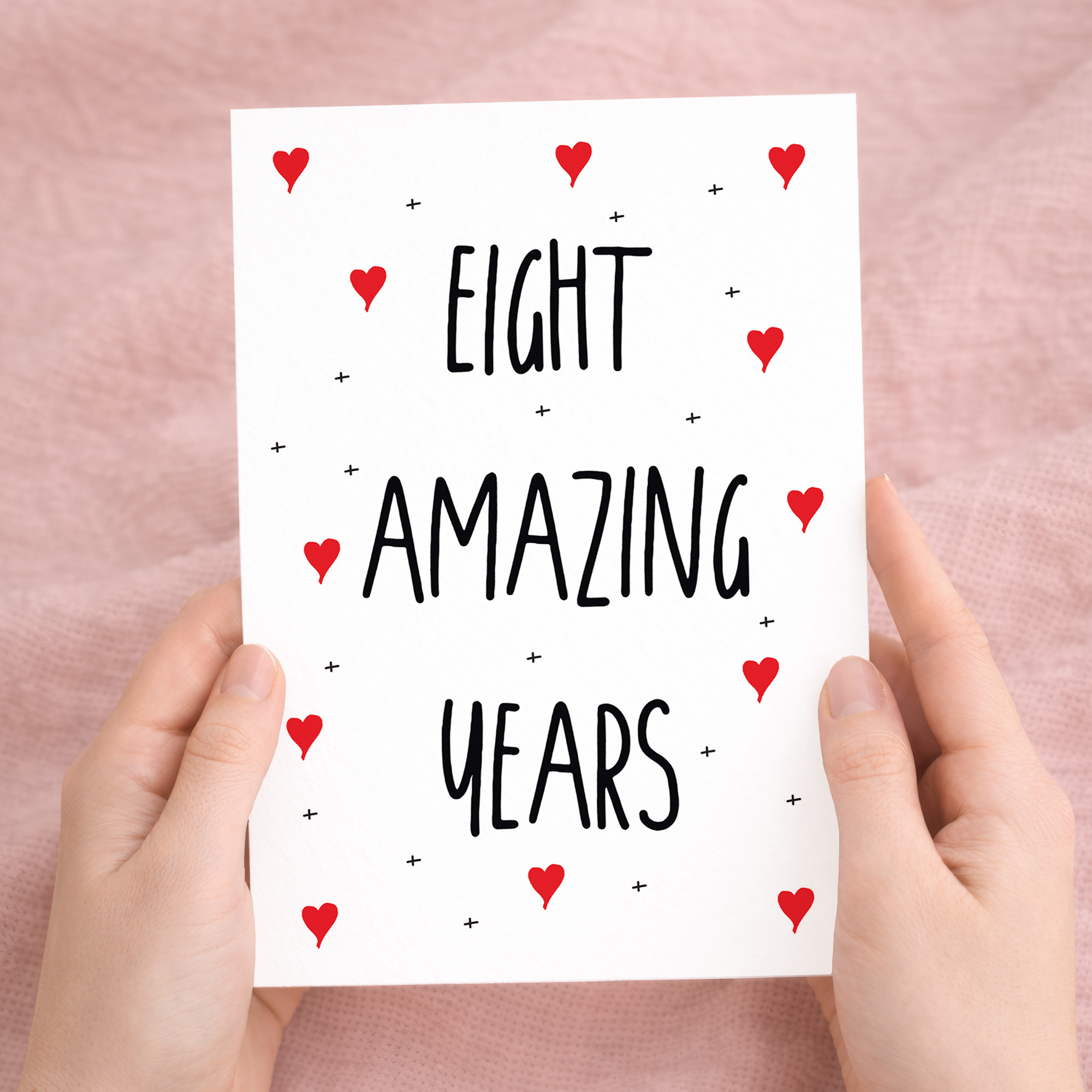 Elegant 8th wedding anniversary greeting card on sustainable recycled cardstock, paired with a rustic brown Kraft envelope.