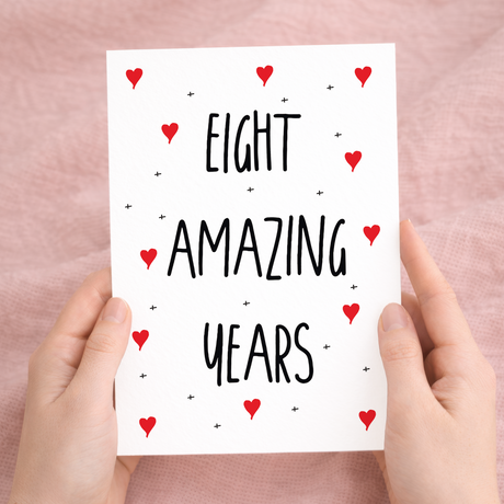 Elegant 8th wedding anniversary greeting card on sustainable recycled cardstock, paired with a rustic brown Kraft envelope.