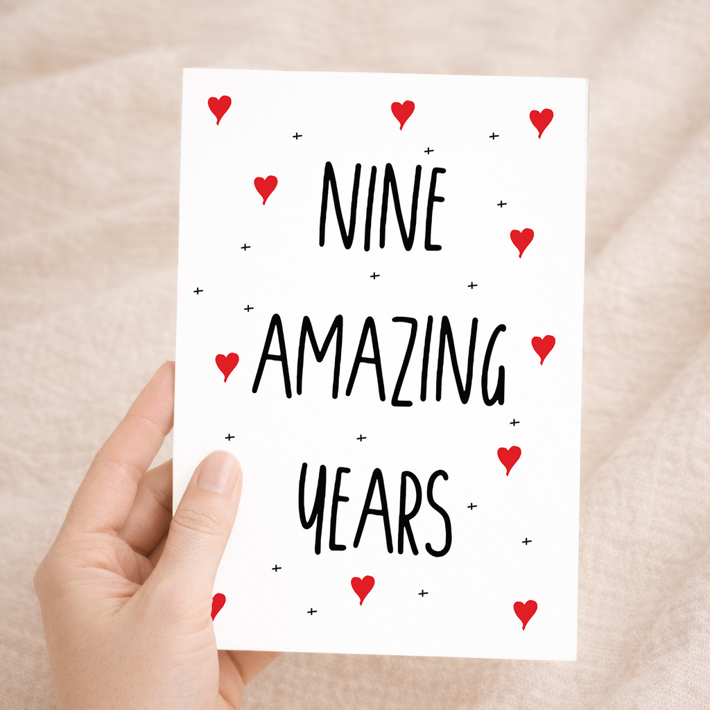 Elegant 9th Anniversary greeting card featuring a romantic design on sustainable recycled cardstock, paired with a brown Kraft envelope.