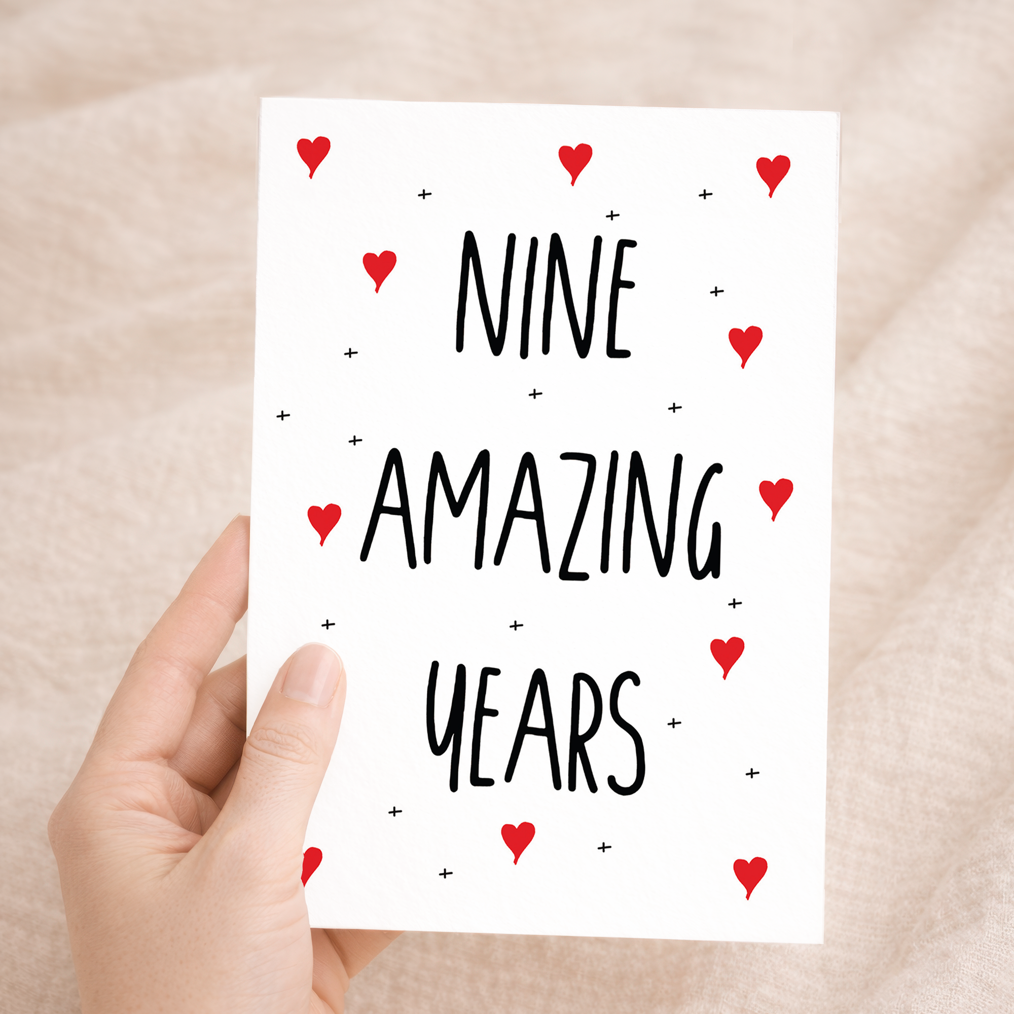 Elegant 9th Anniversary greeting card featuring a romantic design on sustainable recycled cardstock, paired with a brown Kraft envelope.