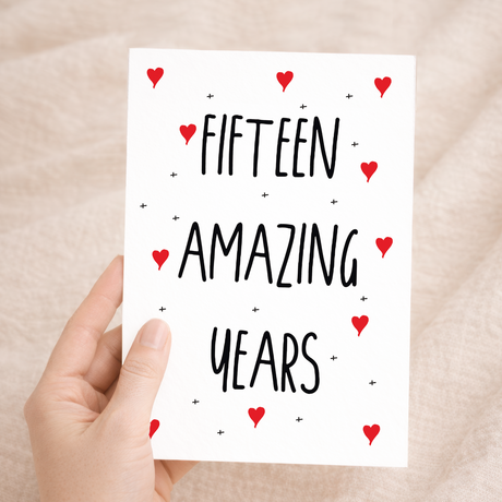 Elegant 15th anniversary greeting card celebrating fifteen years of togetherness on sustainable recycled cardstock, paired with a brown Kraft envelope.