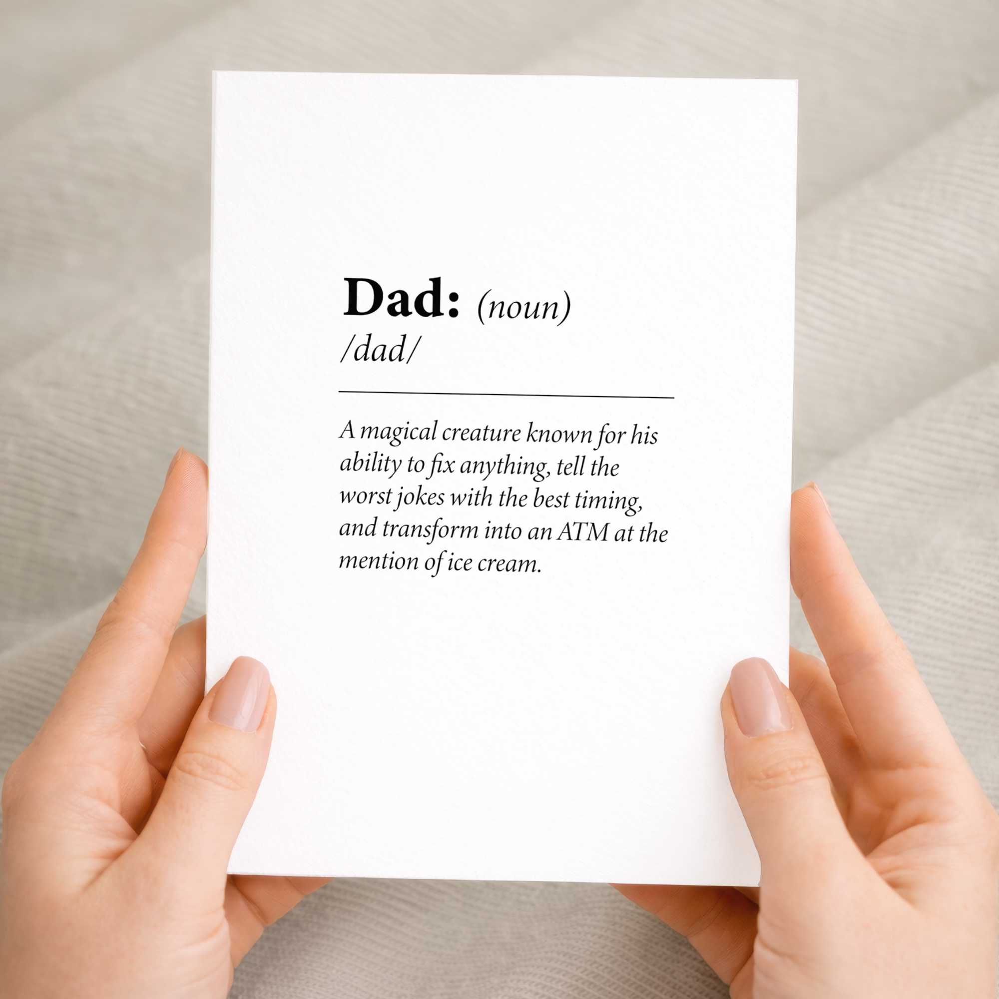Fun "dictionary quote" birthday card for Dad on eco-friendly cardstock, featuring a humorous definition of "Dad," paired with a brown Kraft envelope.