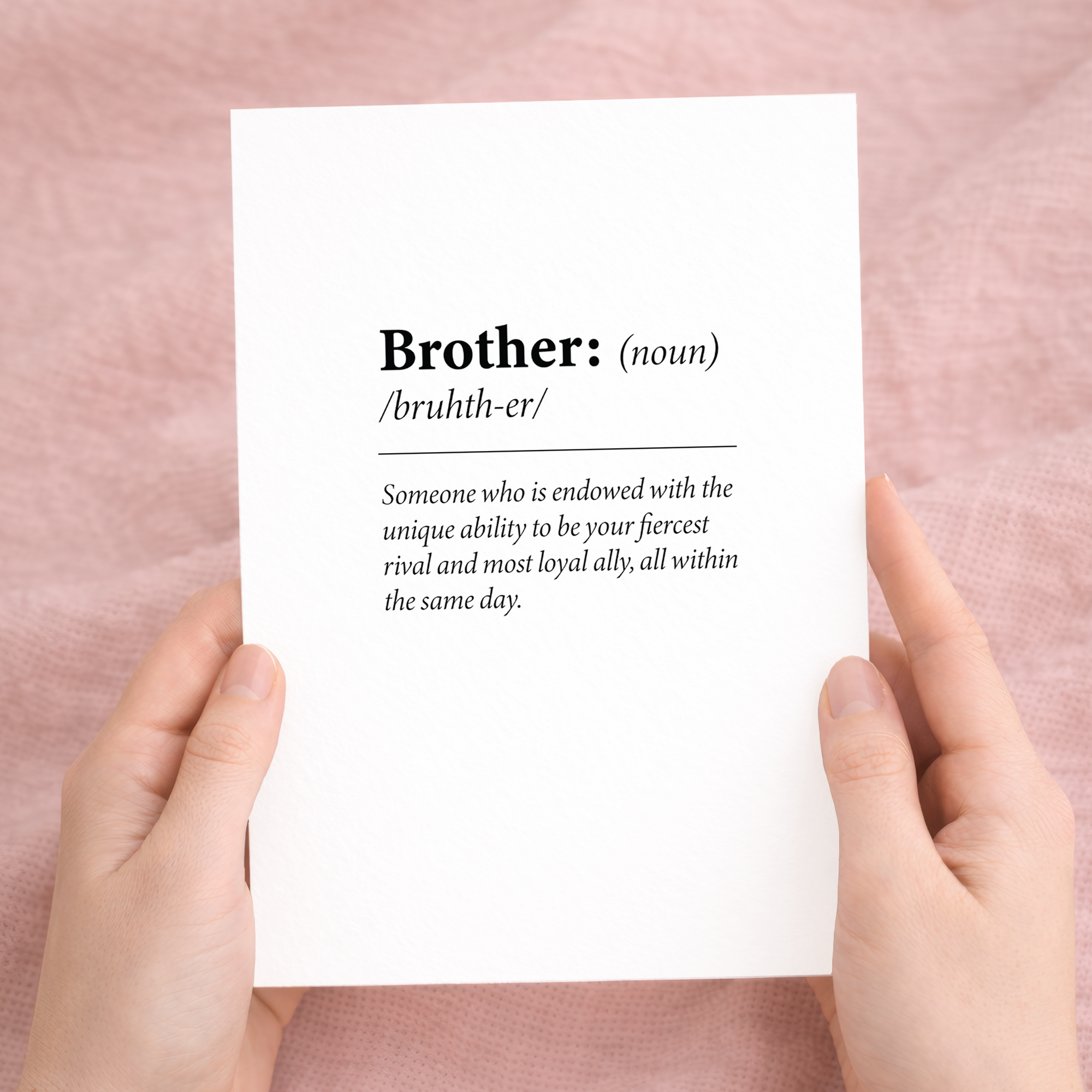 Funny dictionary-style birthday card for a brother featuring a clean, minimalist design on white cardstock, paired with a brown Kraft envelope.