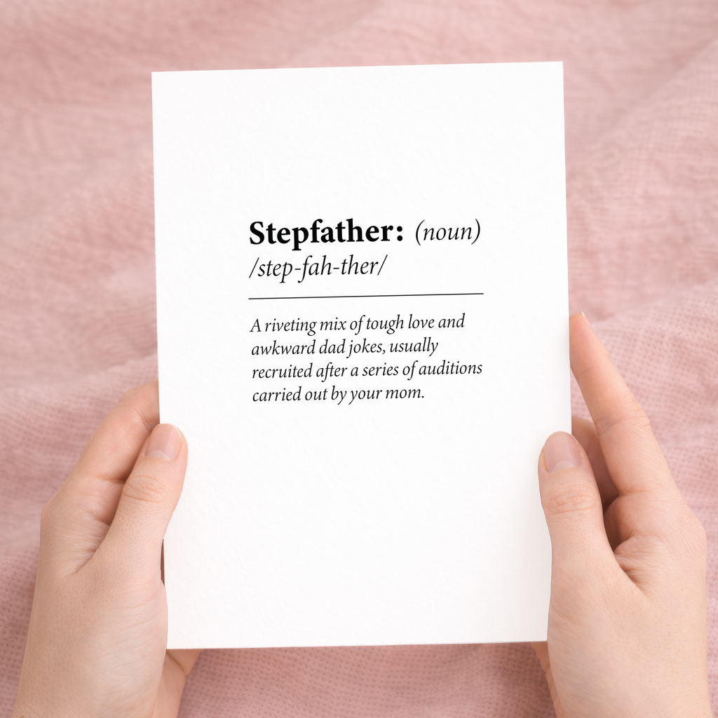 Funny dictionary-style birthday card for a stepdad featuring a humorous definition on sustainable paper, accompanied by a brown Kraft envelope.