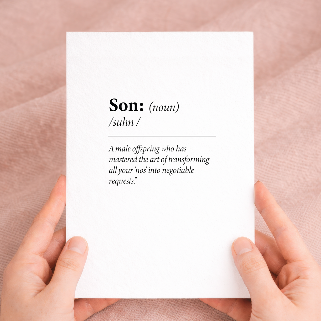 Fun dictionary-style birthday card for a son featuring a humorous definition of the word Son on sustainable recycled cardstock, paired with a brown Kraft envelope.