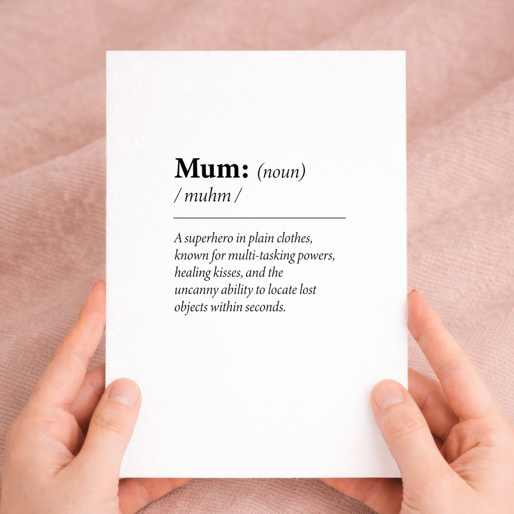 Fun and unique dictionary-style birthday greeting card for Mum featuring a heartfelt definition and quote on eco-friendly cardstock, paired with a brown Kraft envelope.