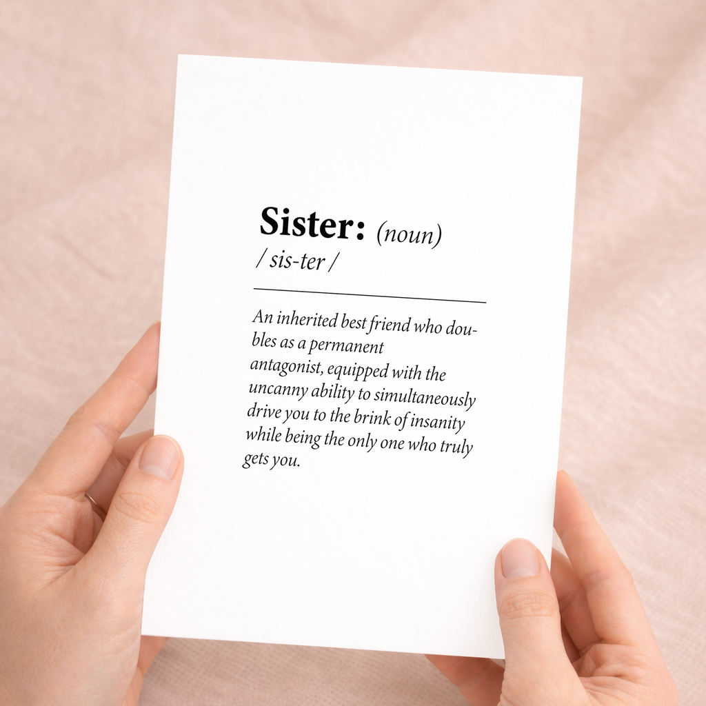 Funny dictionary-style birthday card for a sister featuring a witty quote on sustainable recycled cardstock, paired with a brown Kraft envelope.