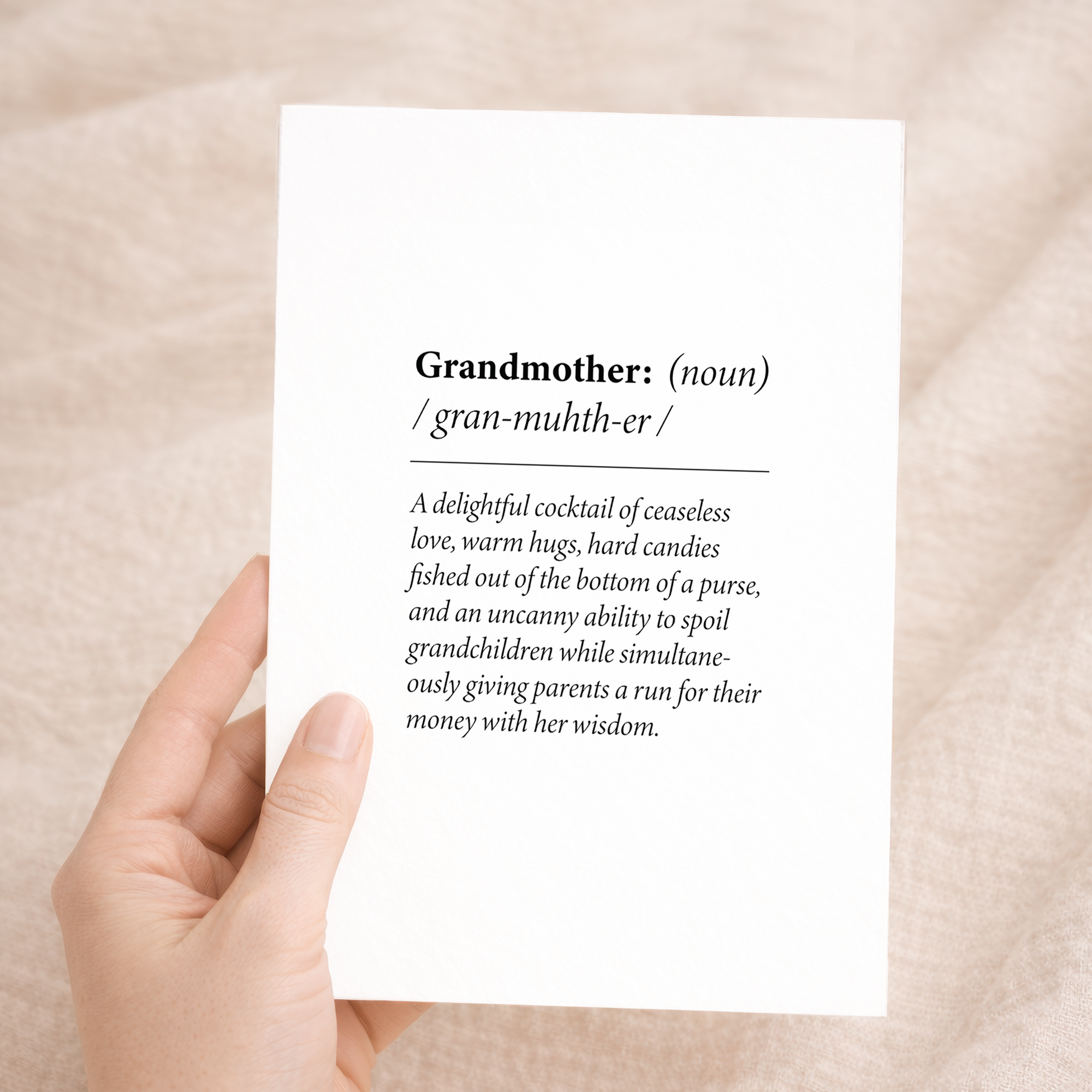 Funny birthday greeting card for a stepmum featuring a dictionary-style definition quote on sustainable recycled cardstock, paired with a brown Kraft envelope.