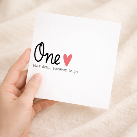A simple and elegant 1st wedding anniversary greeting card for a wife or husband featuring a stylish letters and numbers design on a white background.