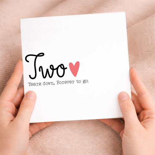 A romantic 2nd wedding anniversary card for a husband or wife featuring a clean letters and numbers design and a recycled brown kraft envelope.