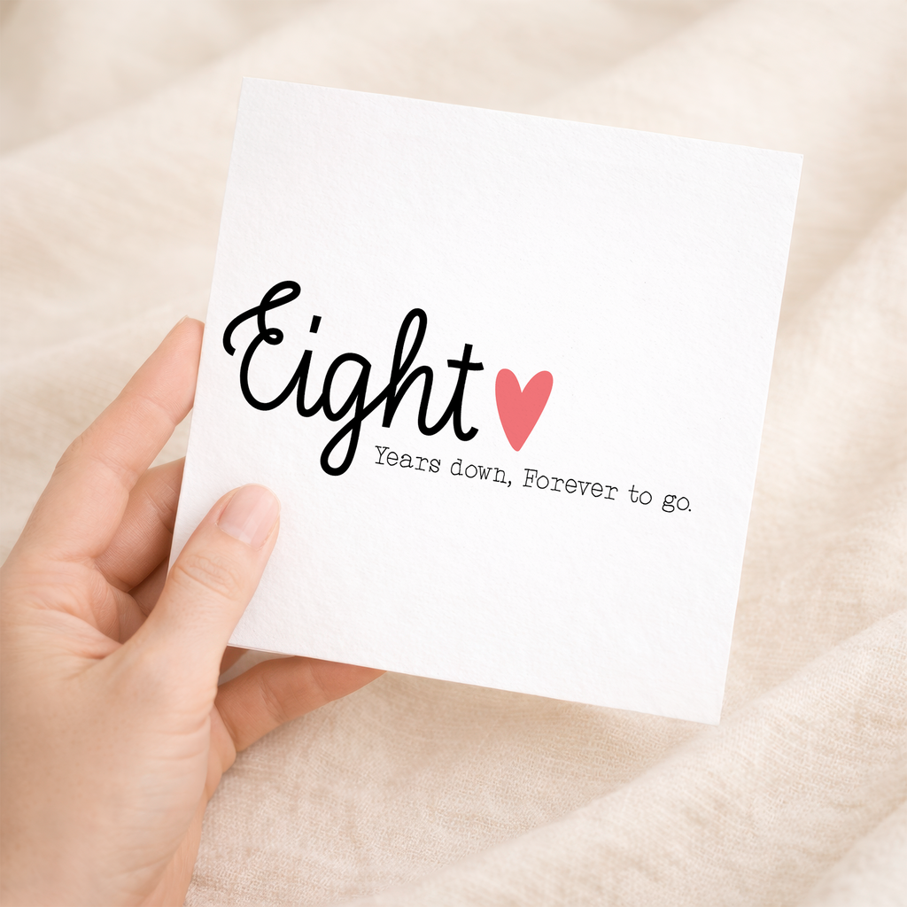 An elegant 8th wedding anniversary greeting card featuring a stylish typographic design for a wife or husband.
