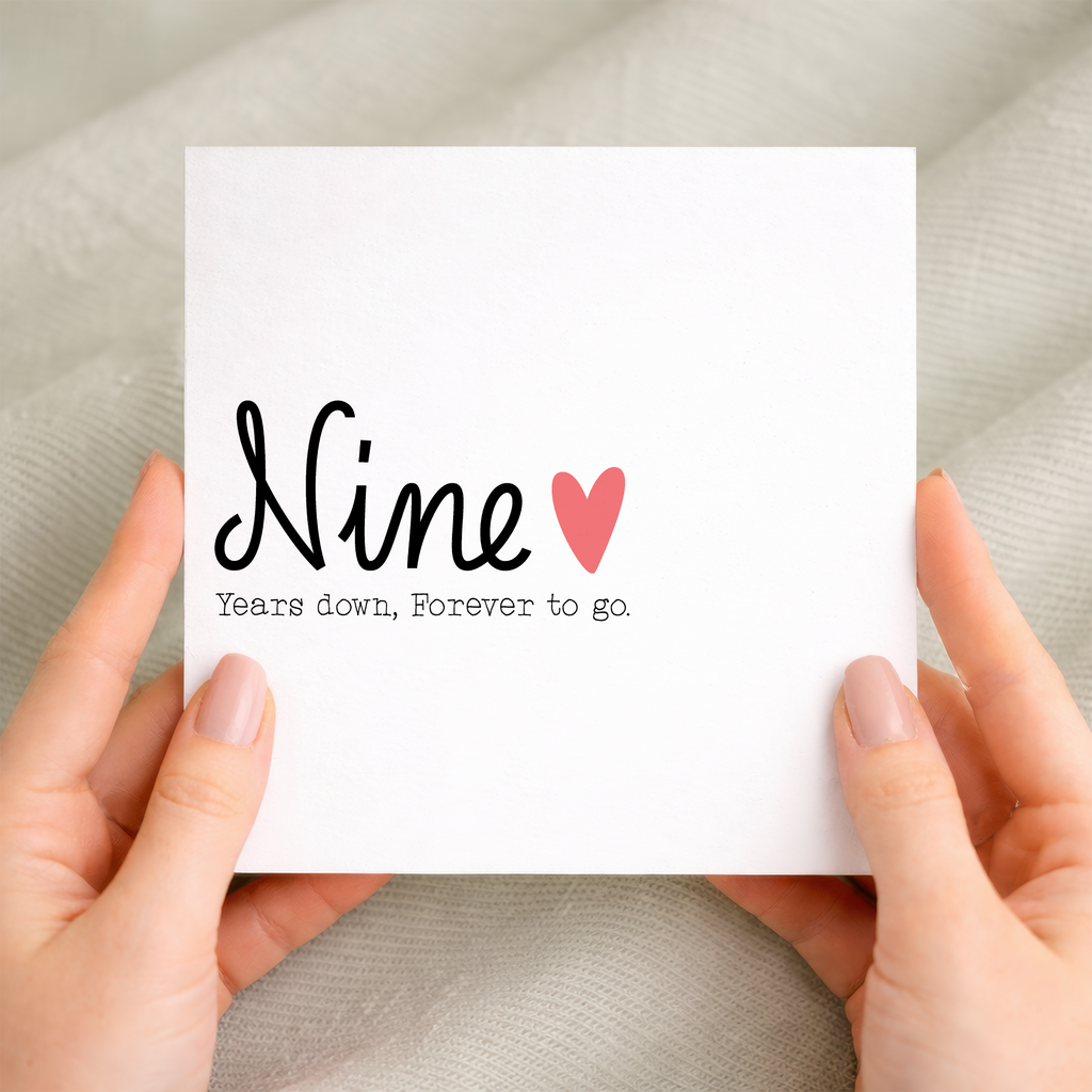 A romantic 9th wedding anniversary greeting card featuring a charming design for a wife or husband on a white background.