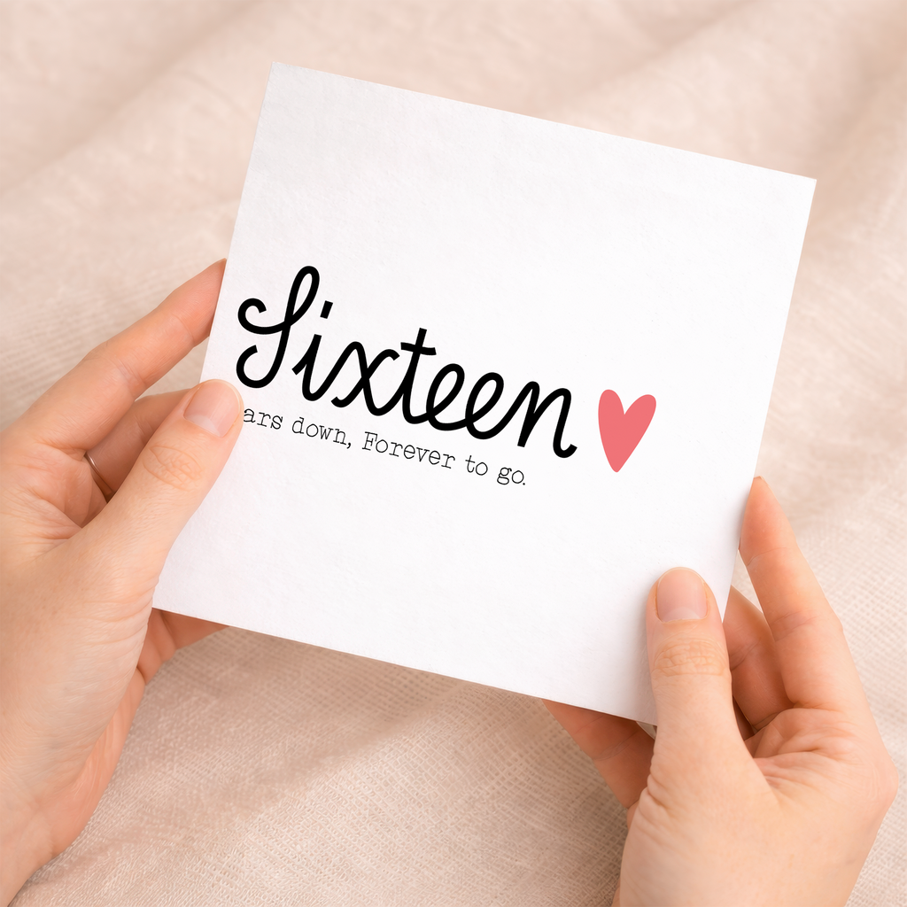 A romantic 16th wedding anniversary greeting card for a husband or wife featuring a simple letters and numbers design on a white background.