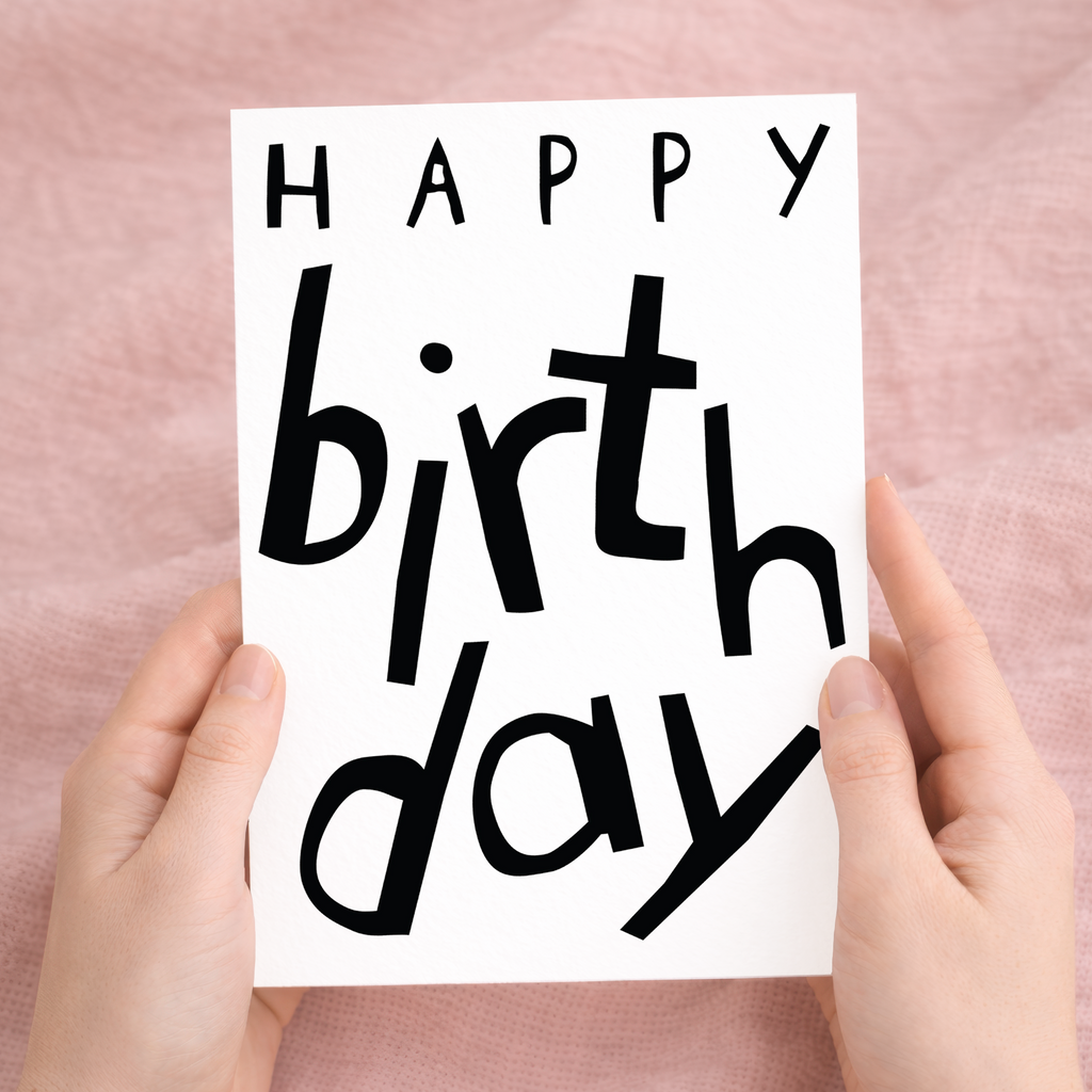 Charming birthday greeting card featuring an animal-themed illustration on sustainable recycled cardstock, paired with a brown Kraft envelope.
