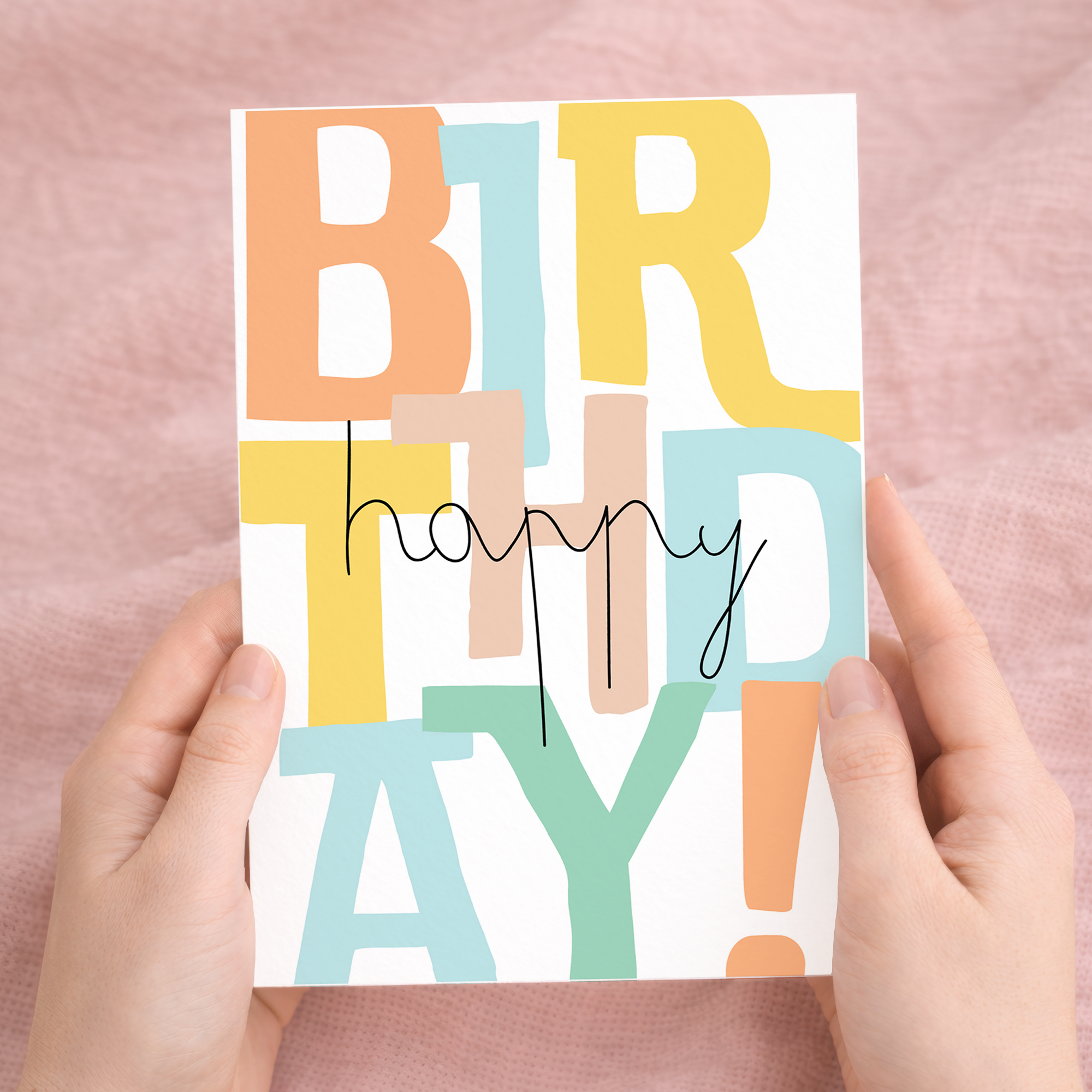 Charming birthday greeting card featuring a typographic design with letters and numbers on sustainable recycled cardstock, paired with a brown Kraft envelope.