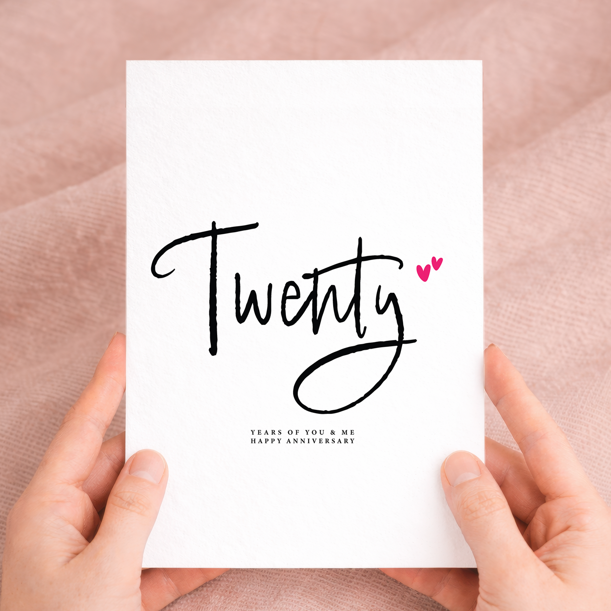 Elegant 20th wedding anniversary greeting card featuring a charming British Shorthair cat illustration on eco-friendly cardstock, accompanied by a rustic brown Kraft envelope.